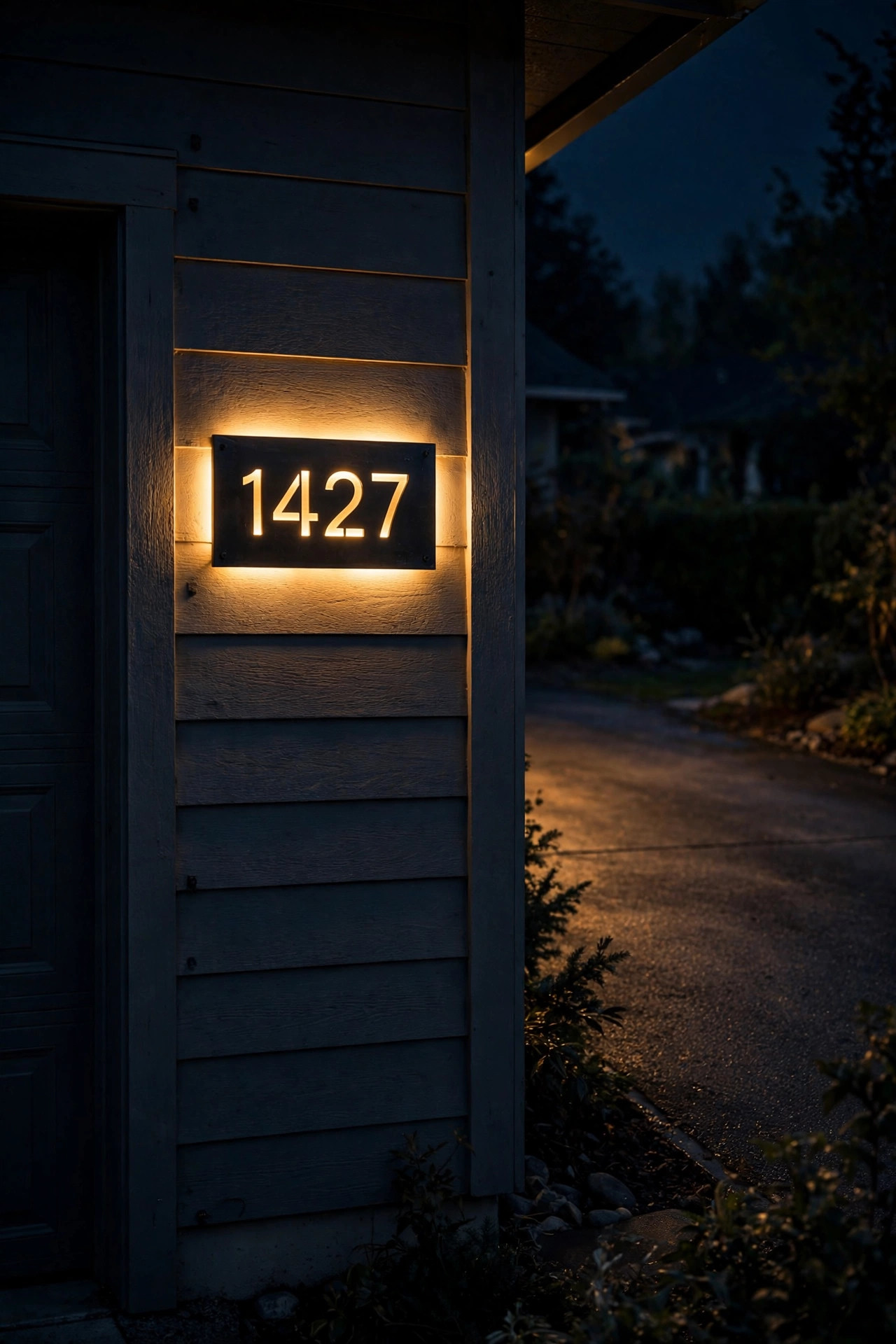 Backlit address plaque glowing softly on a garage wall beside a driveway
