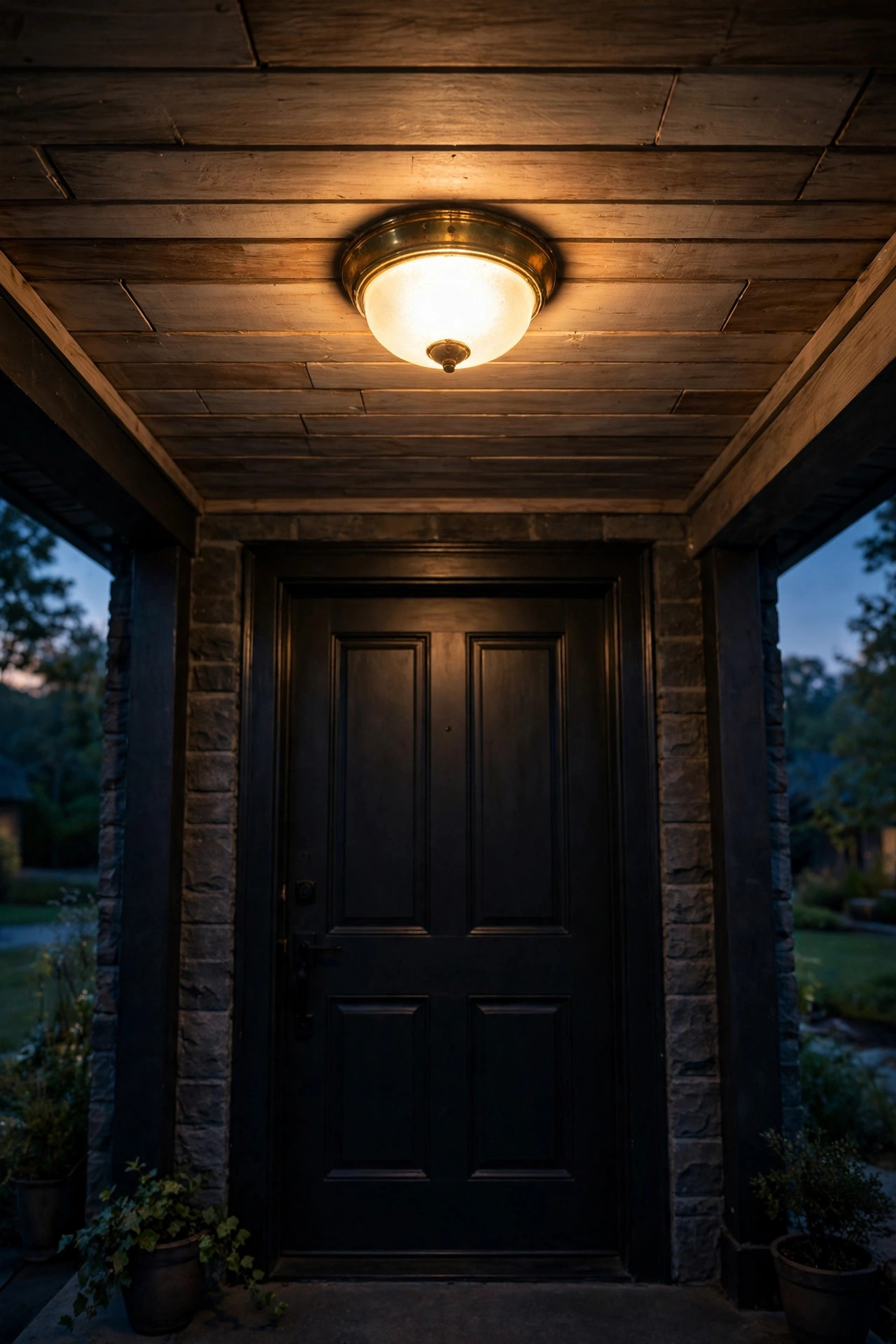 Aged brass flush mount ceiling light glowing above a black front door on a low porch ceiling