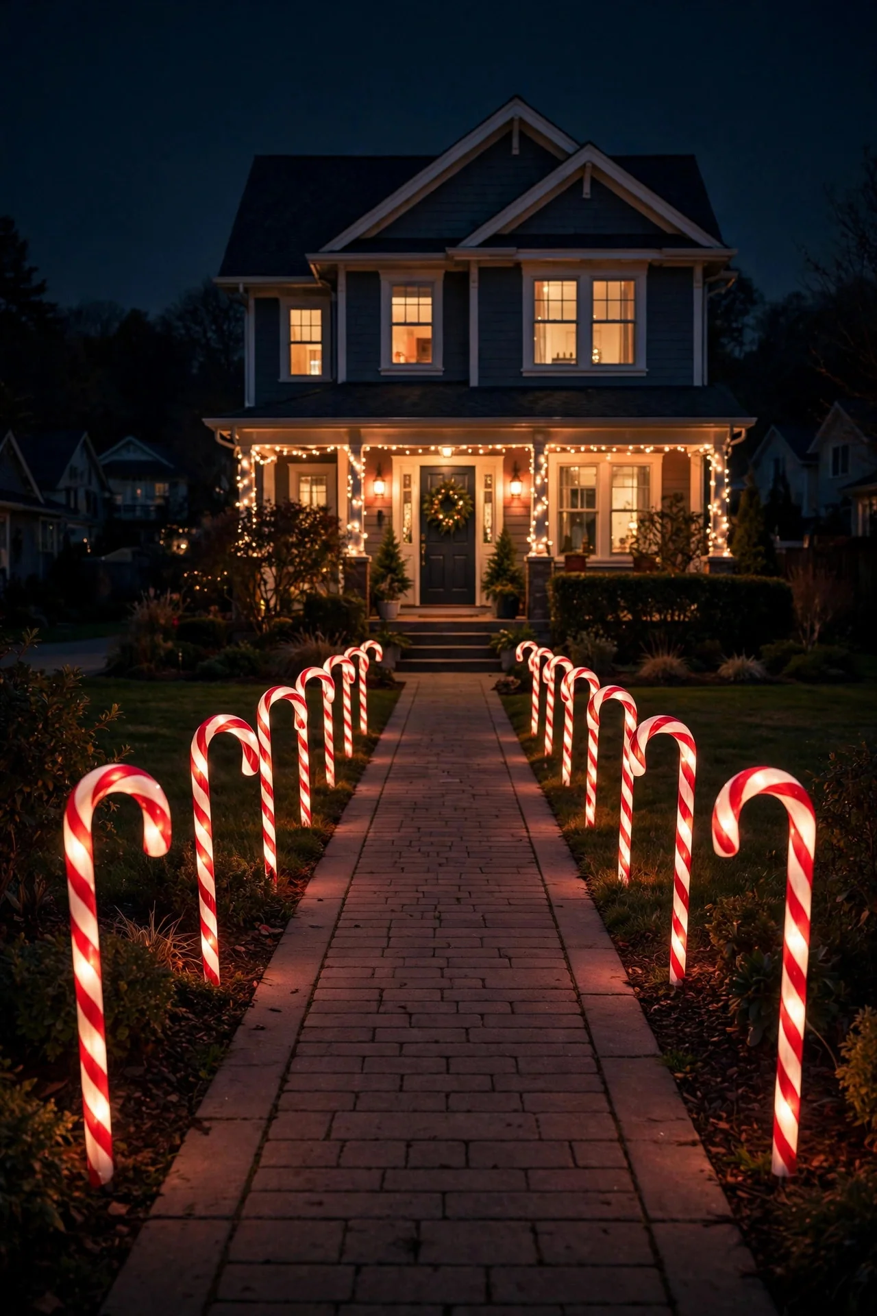 Glowing candy cane Christmas light stakes lining a front walkway at night