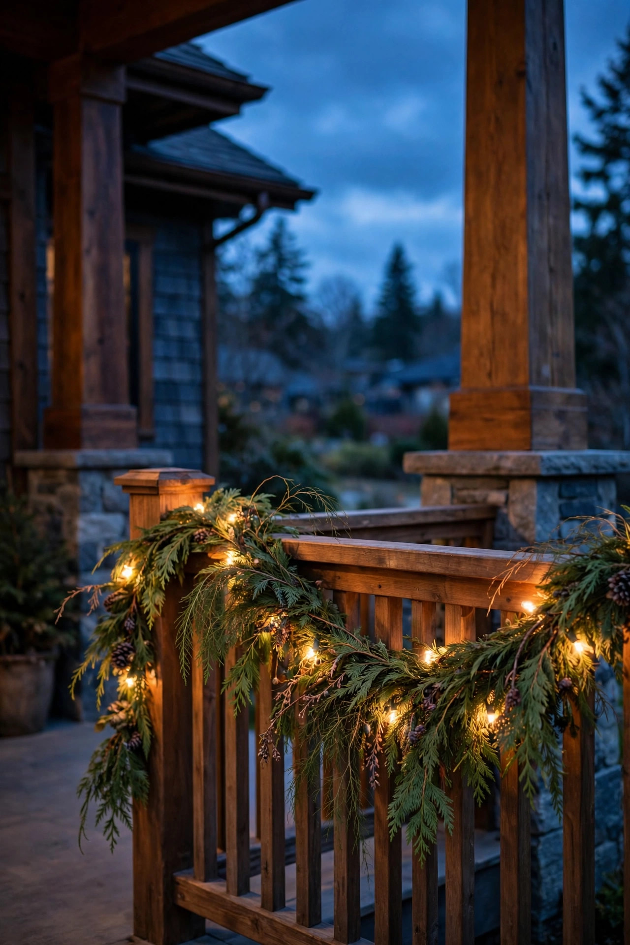 Pre-lit cedar garland with delicate branches and warm lights along a porch railing at dusk