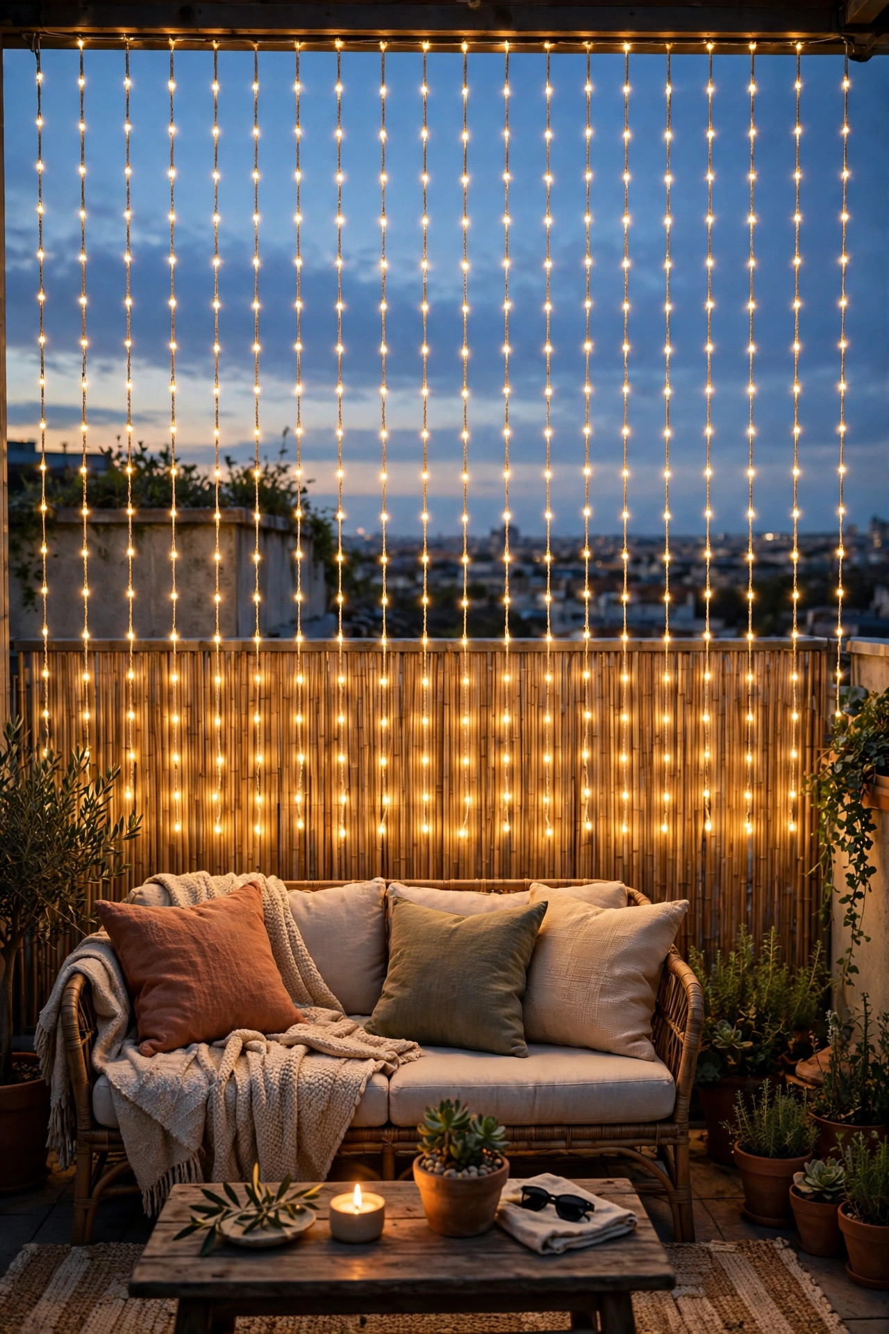 Curtain lights hanging in even drops on a rooftop privacy screen behind cozy seating at dusk
