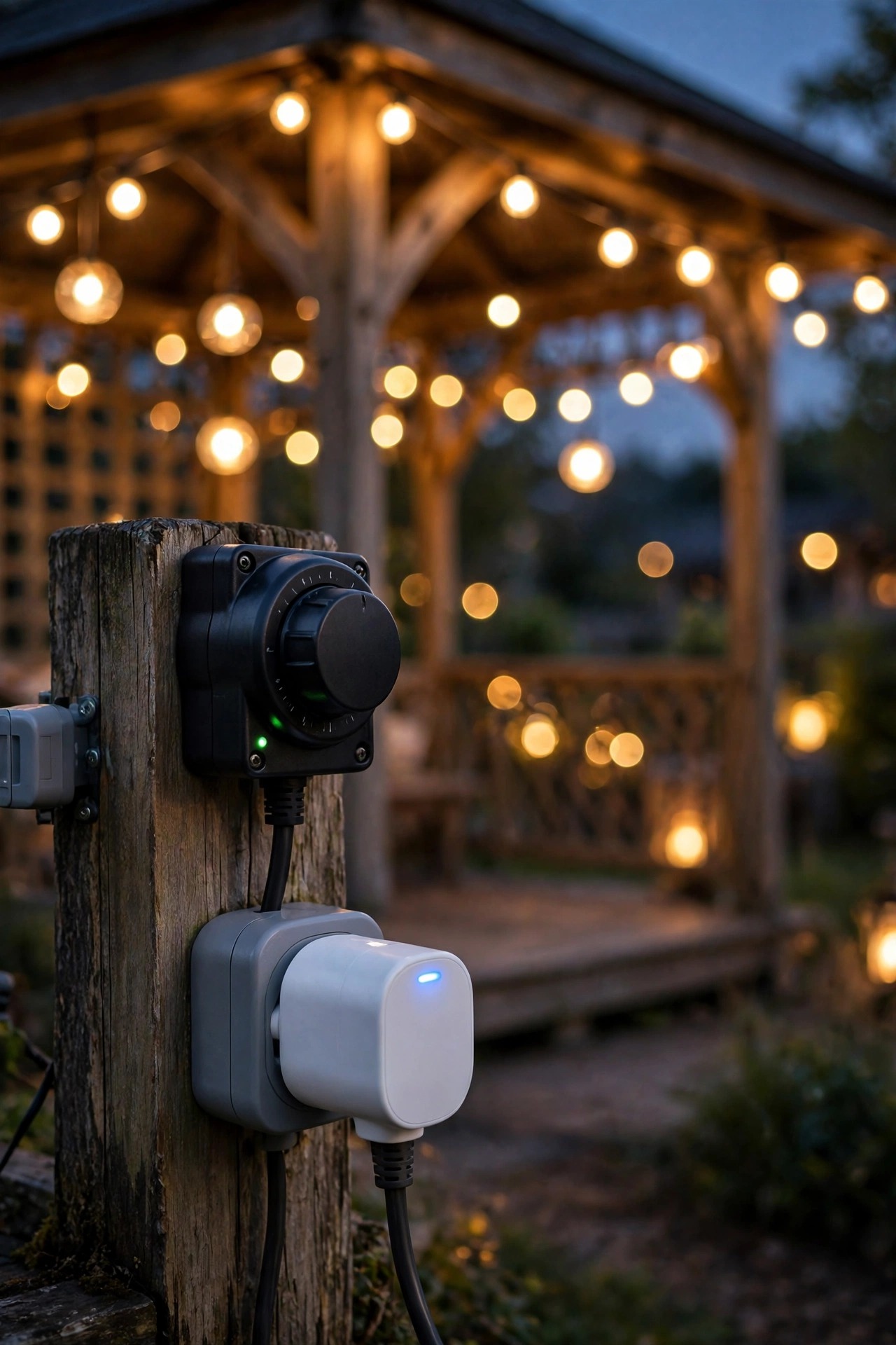 Smart plug and timer controls for gazebo lighting at dusk, layered lights glowing at different brightness levels in the background
