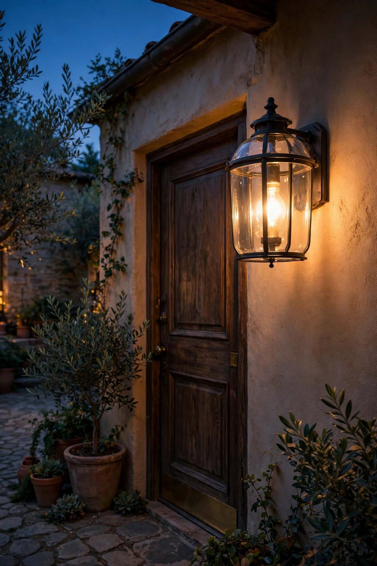 Warm dusk to dawn bulb glowing inside a glass porch sconce at a courtyard entry