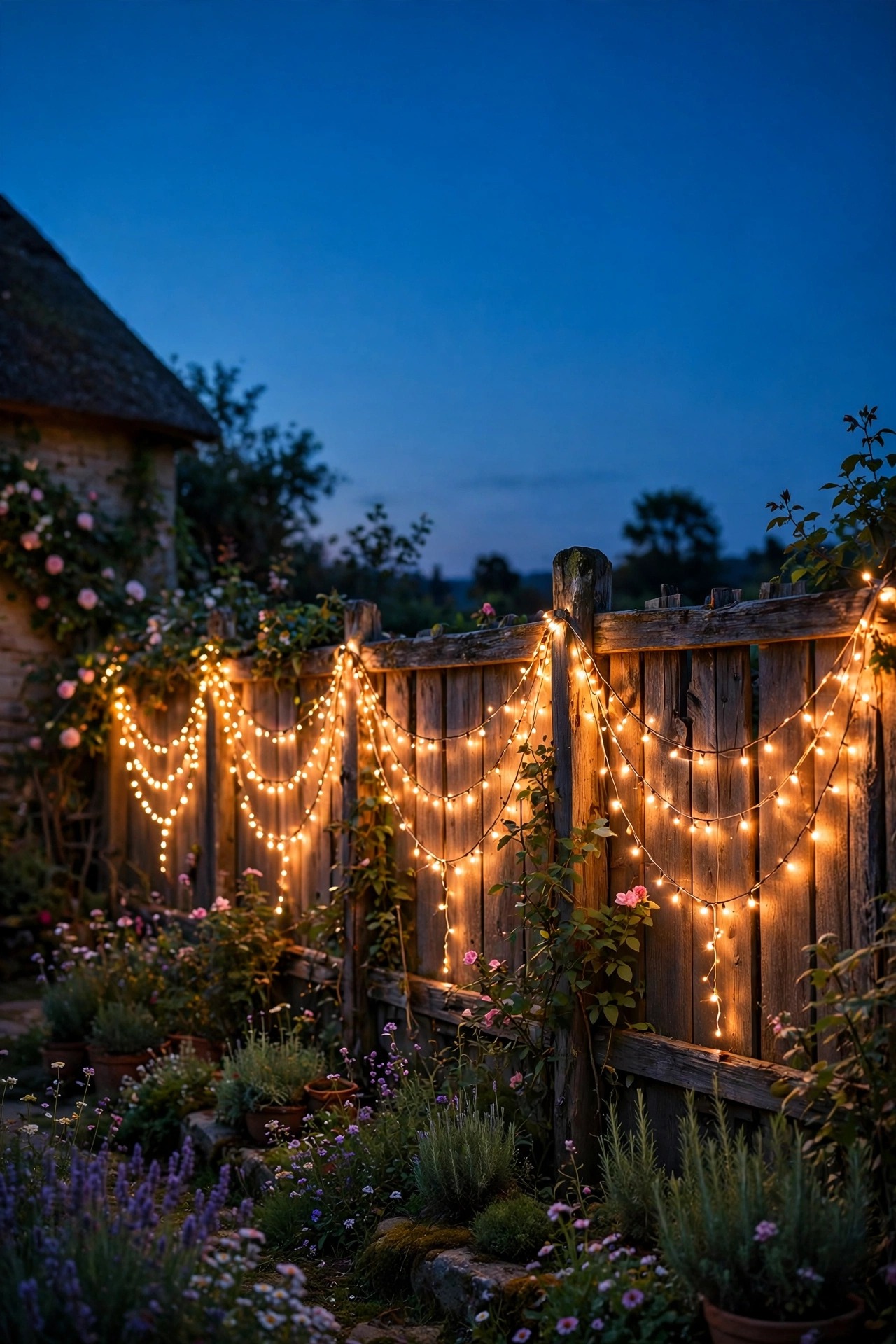Warm fairy light curtain draped in swags along a cottage garden fence at dusk