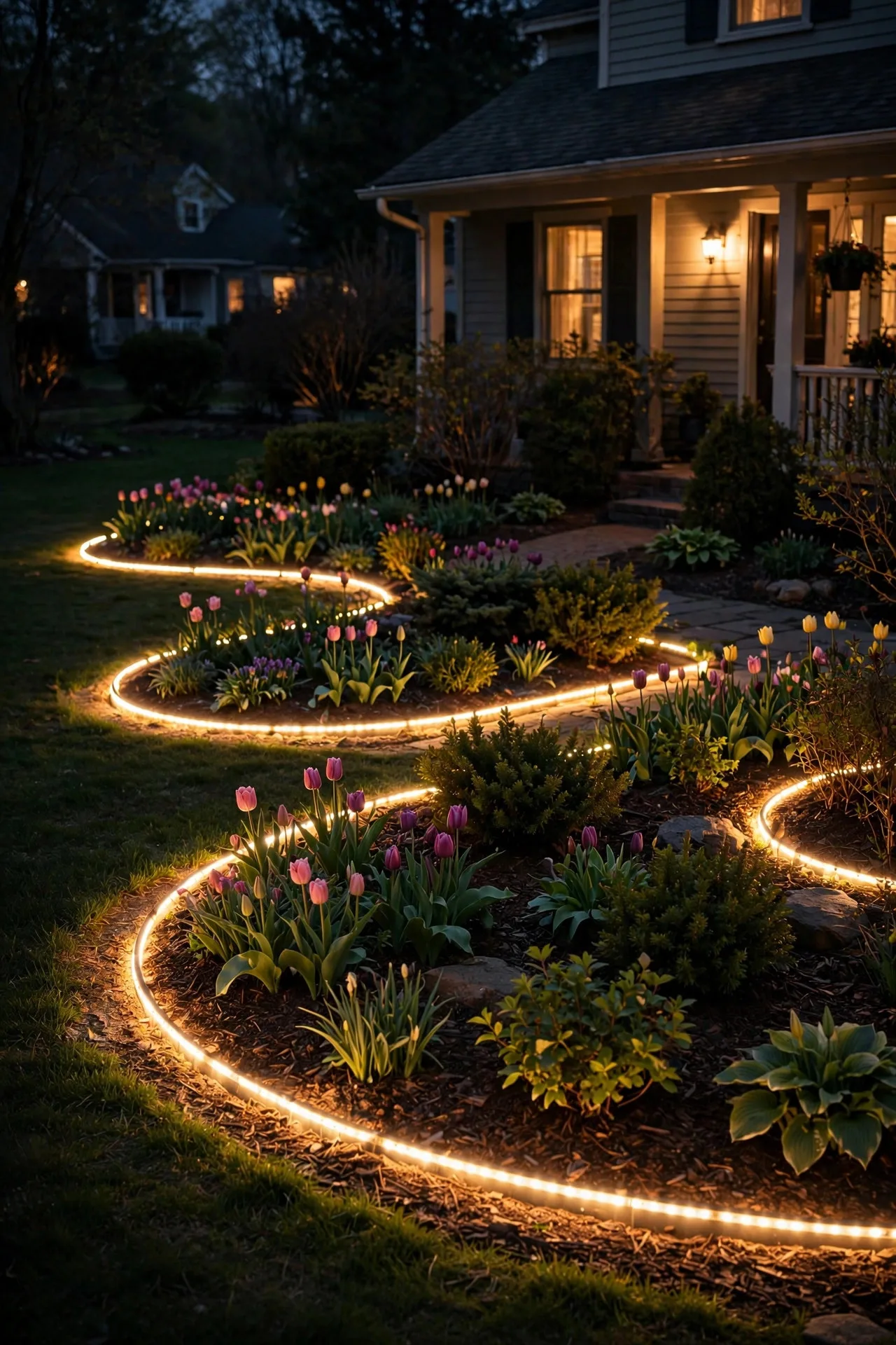 Garden bed edging outlined with warm LED lights at night, tracing curved borders around spring plantings