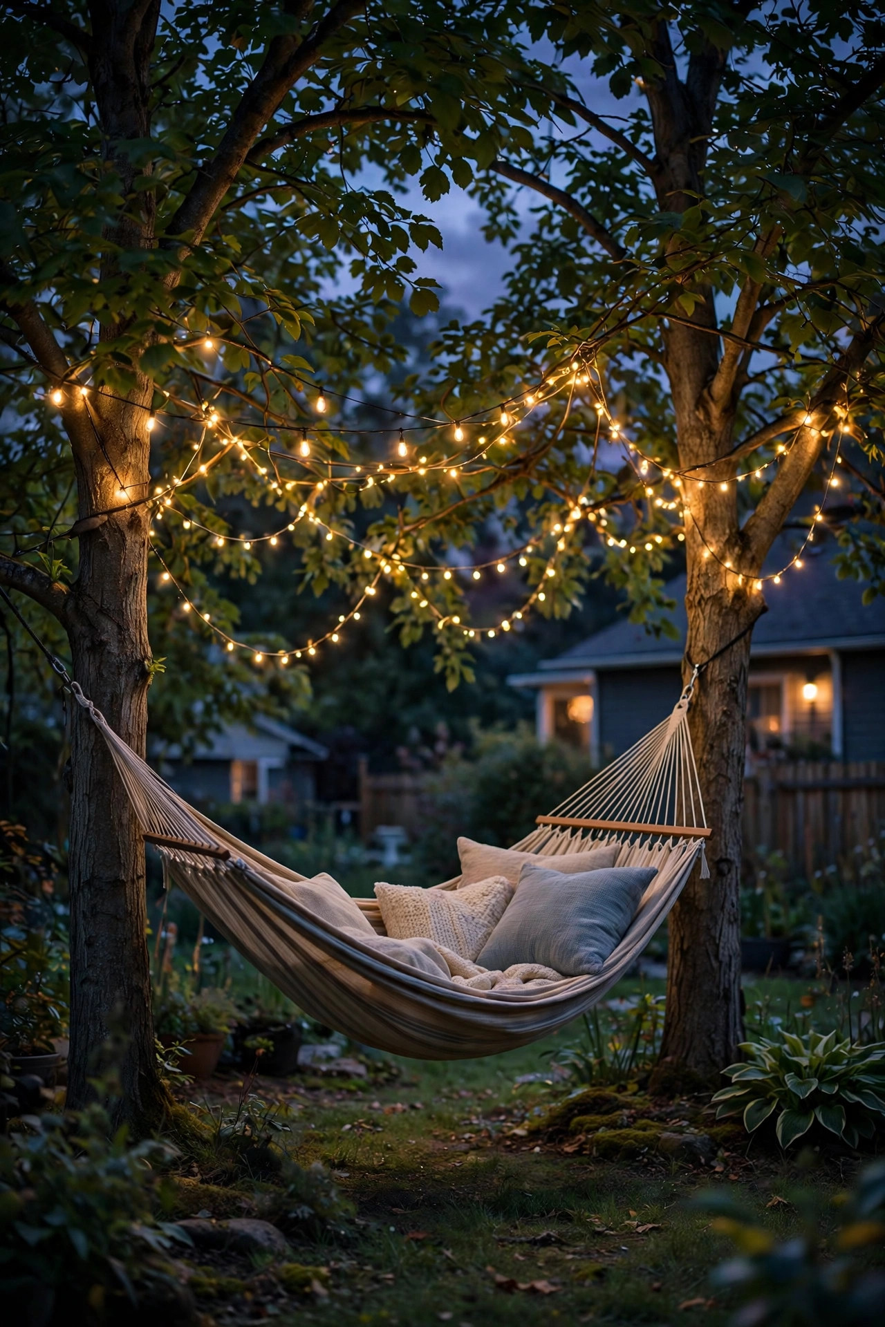 Hammock strung between two trees with fairy lights draped overhead at dusk