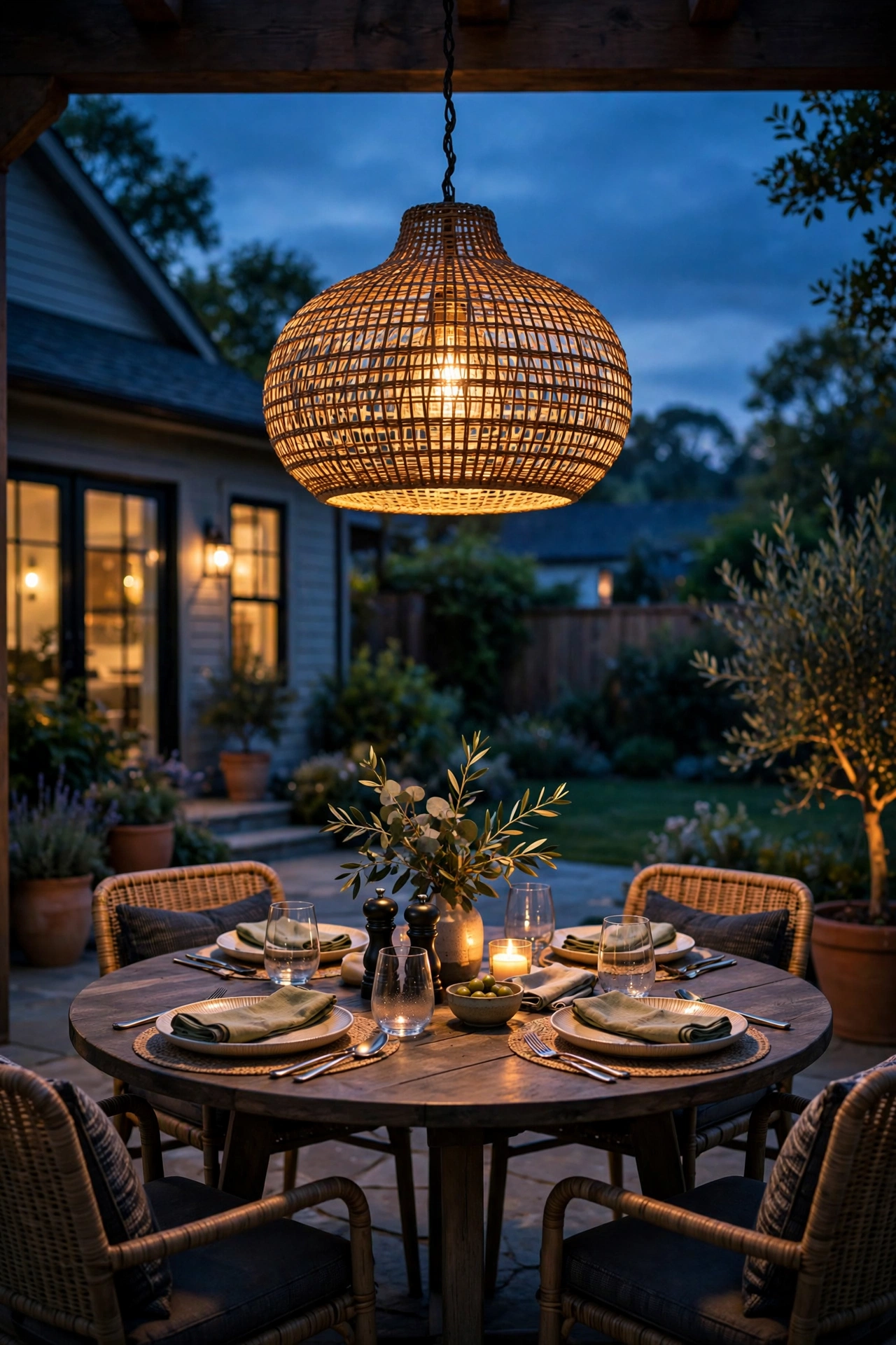 Woven outdoor pendant light hanging over a patio dining table at dusk