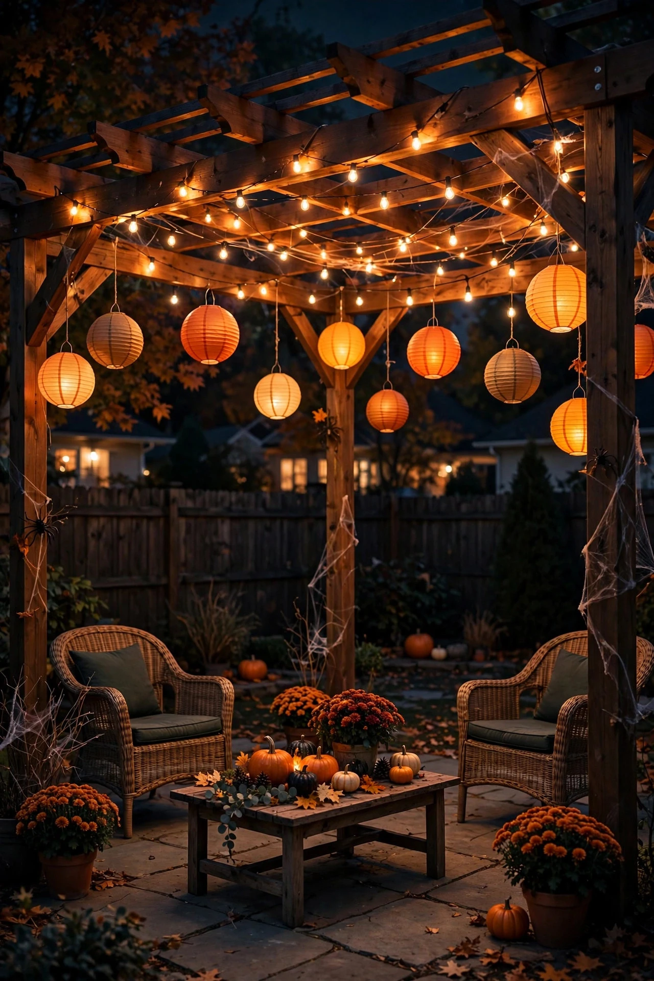 Pergola draped with orange string lights and hanging lanterns glowing at Halloween night