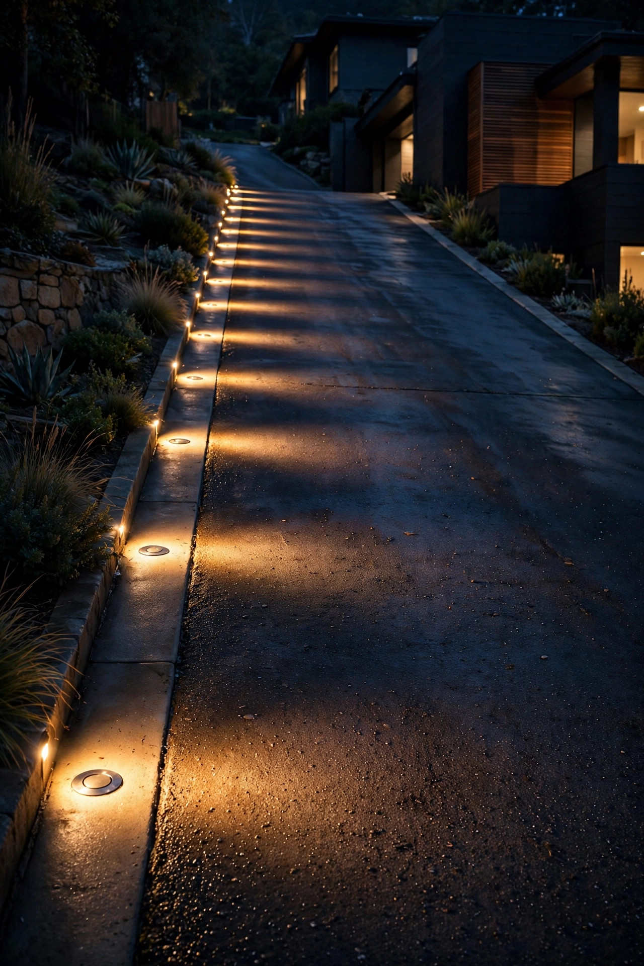 In-grade well lights raking warm light across the pavement of a very steep driveway section at night