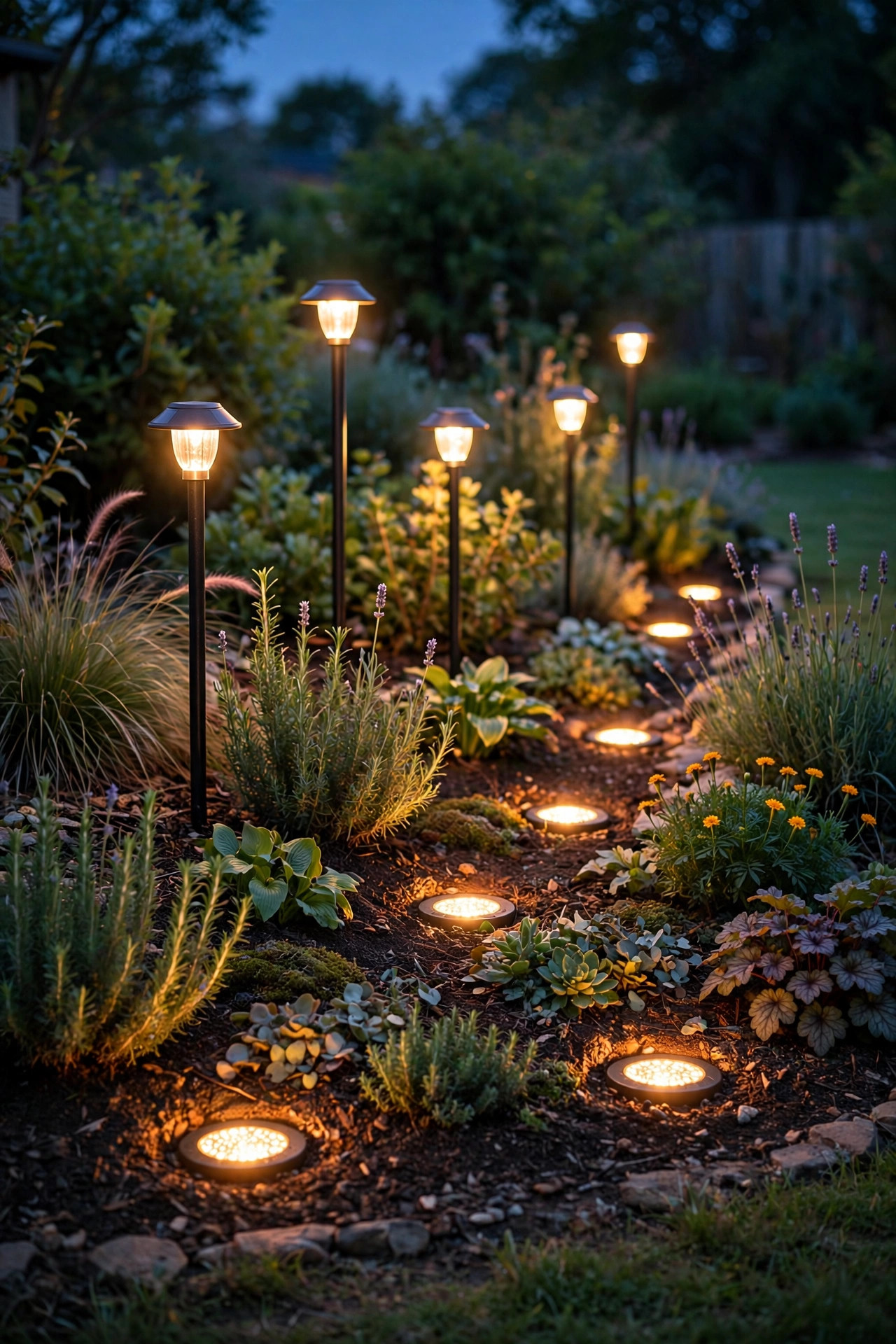 Layered solar lighting with ground-level disk lights and taller stake lights in a garden border
