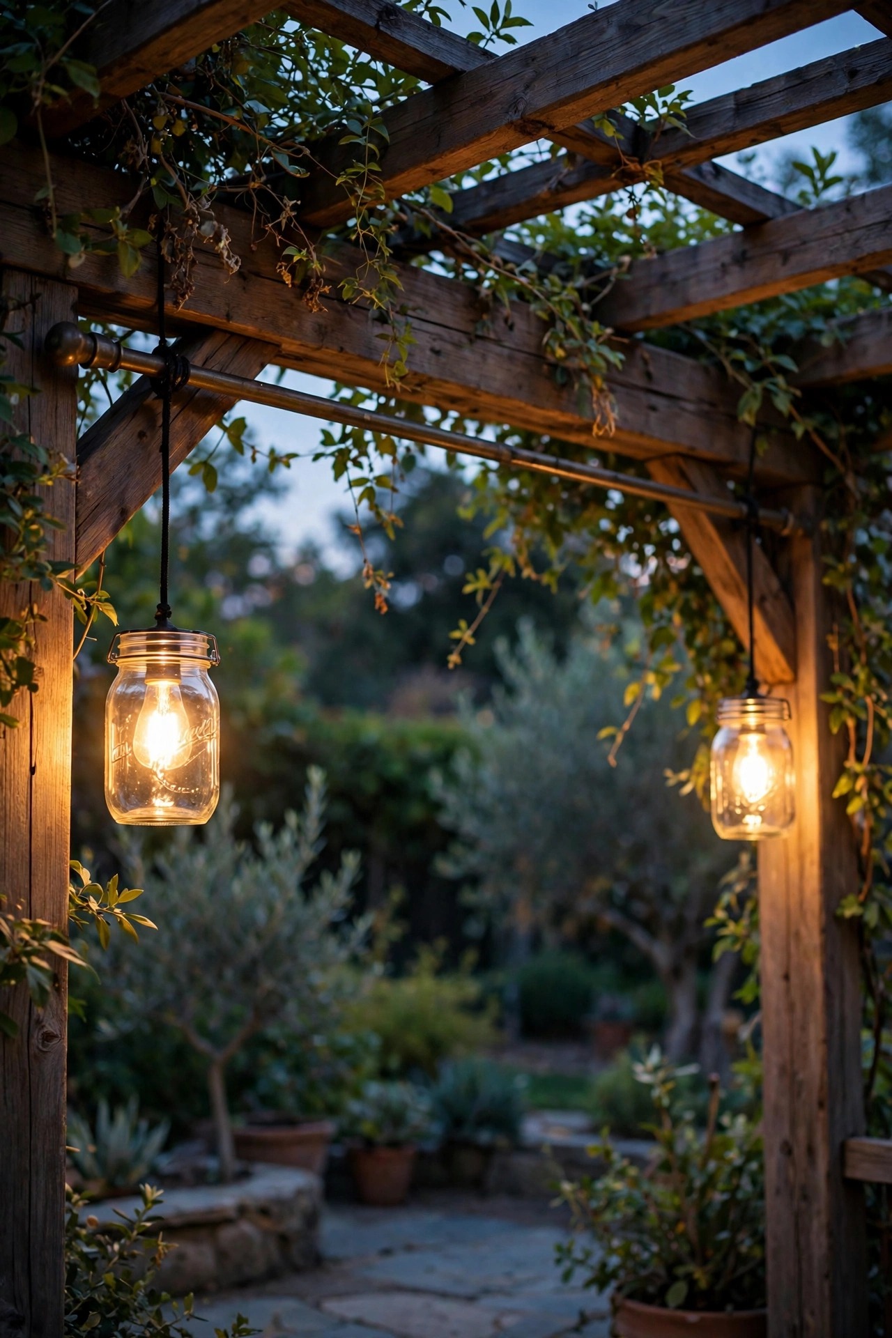 Mason jar lights hanging from the ends of a pergola curtain rod