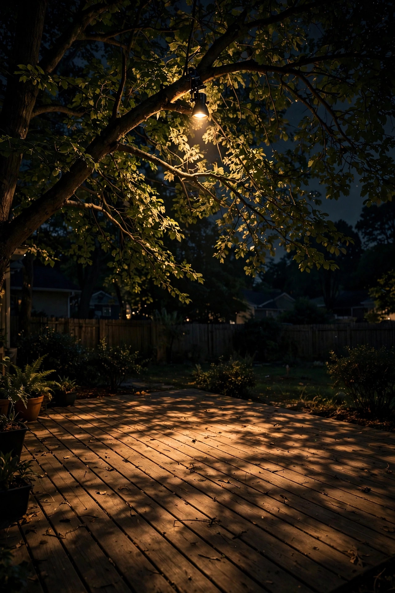Wooden deck softly lit from a spotlight mounted high in a tree, light filtering through branches