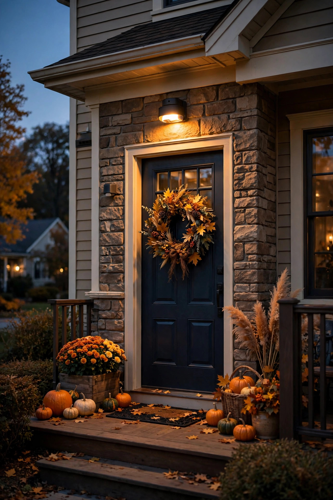 Motion-sensor welcome light glowing beside a front door with fall decorations