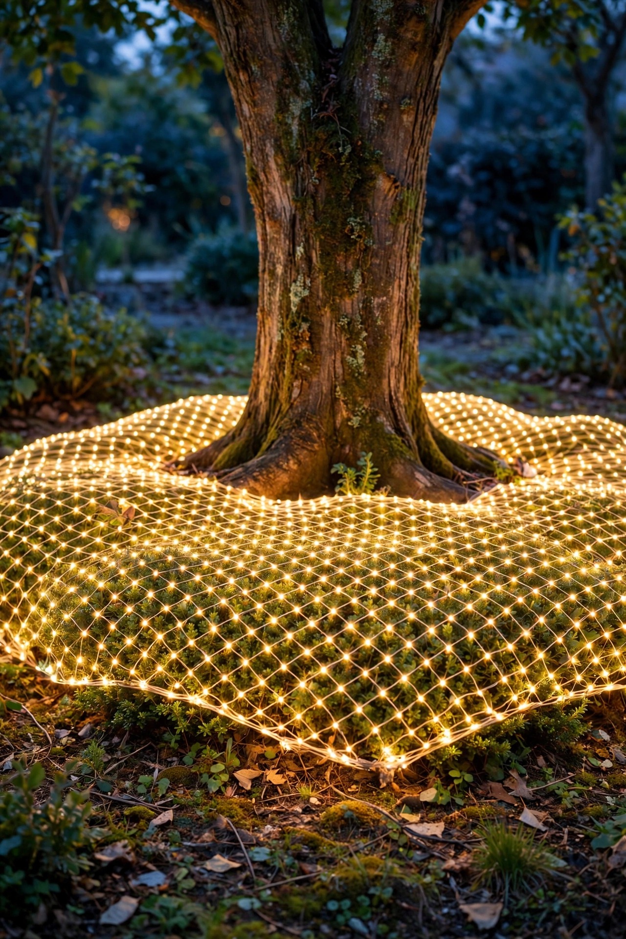 Net lights draped over low shrubs at the base of a tree creating an even glowing cushion