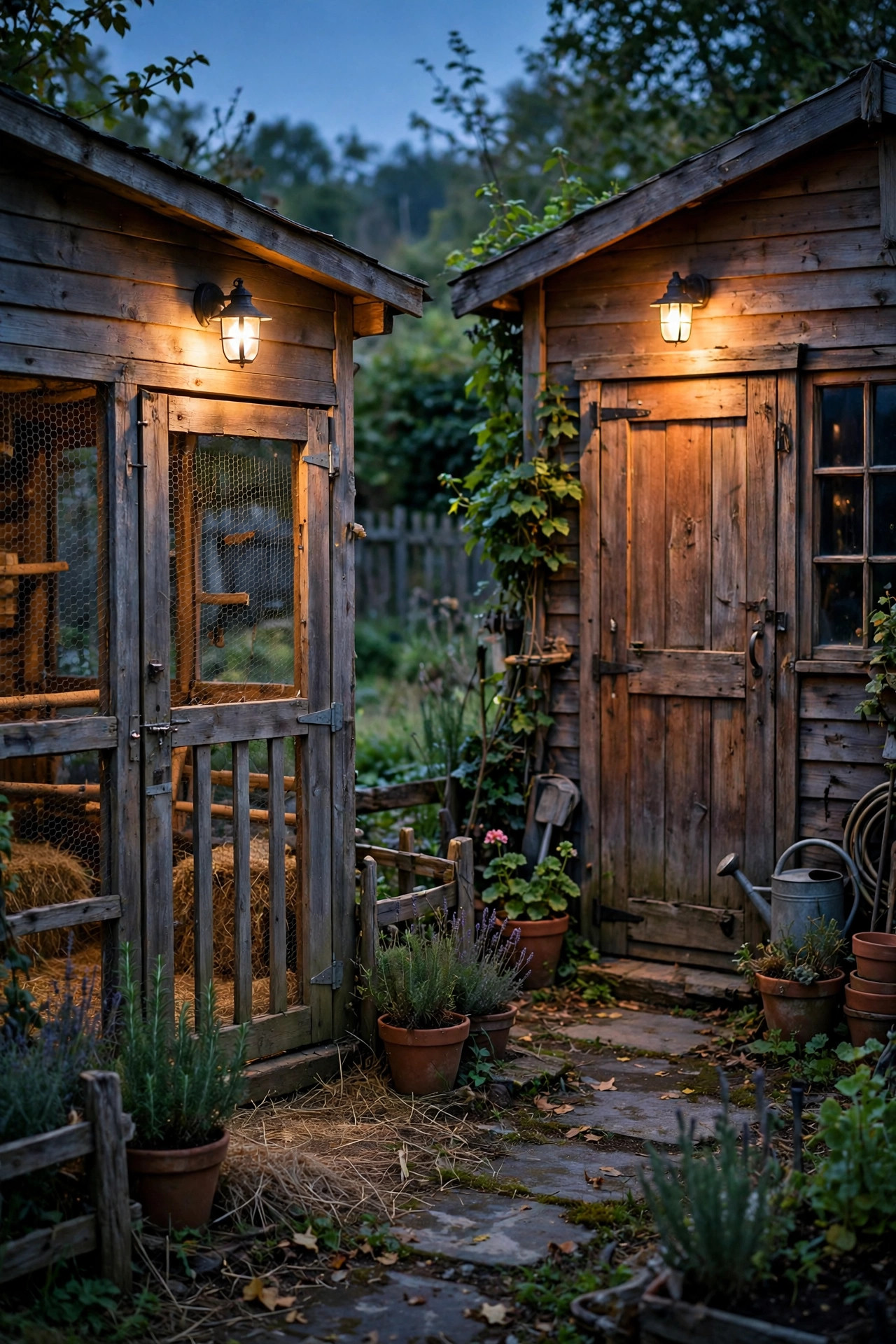 Small warm lights over the doors of a chicken coop and garden shed at dusk