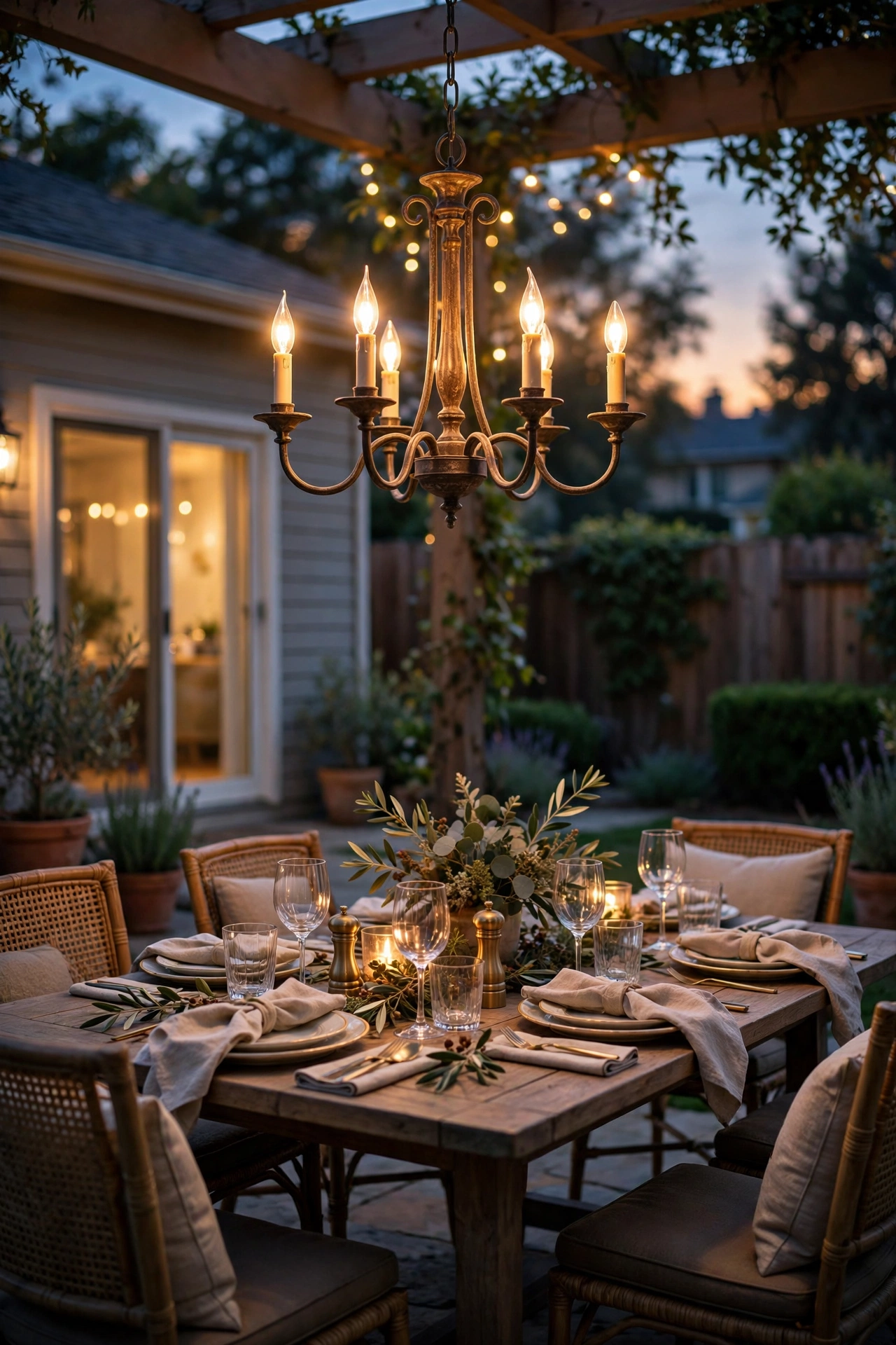 Outdoor chandelier glowing over a backyard dining table set for evening entertaining