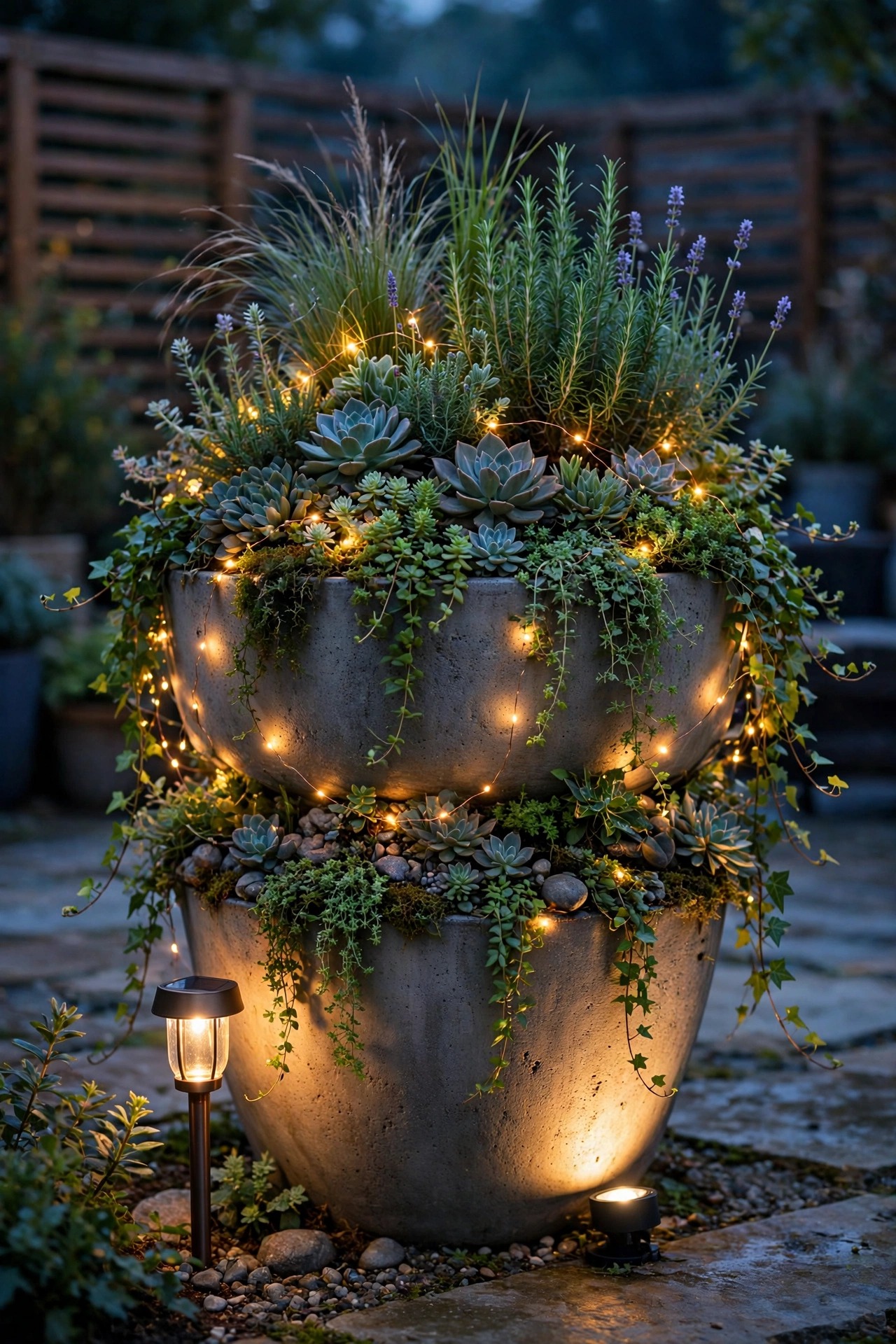 Oversized planter planted in layers with an uplight, fairy lights and a solar stake glowing as a patio focal point