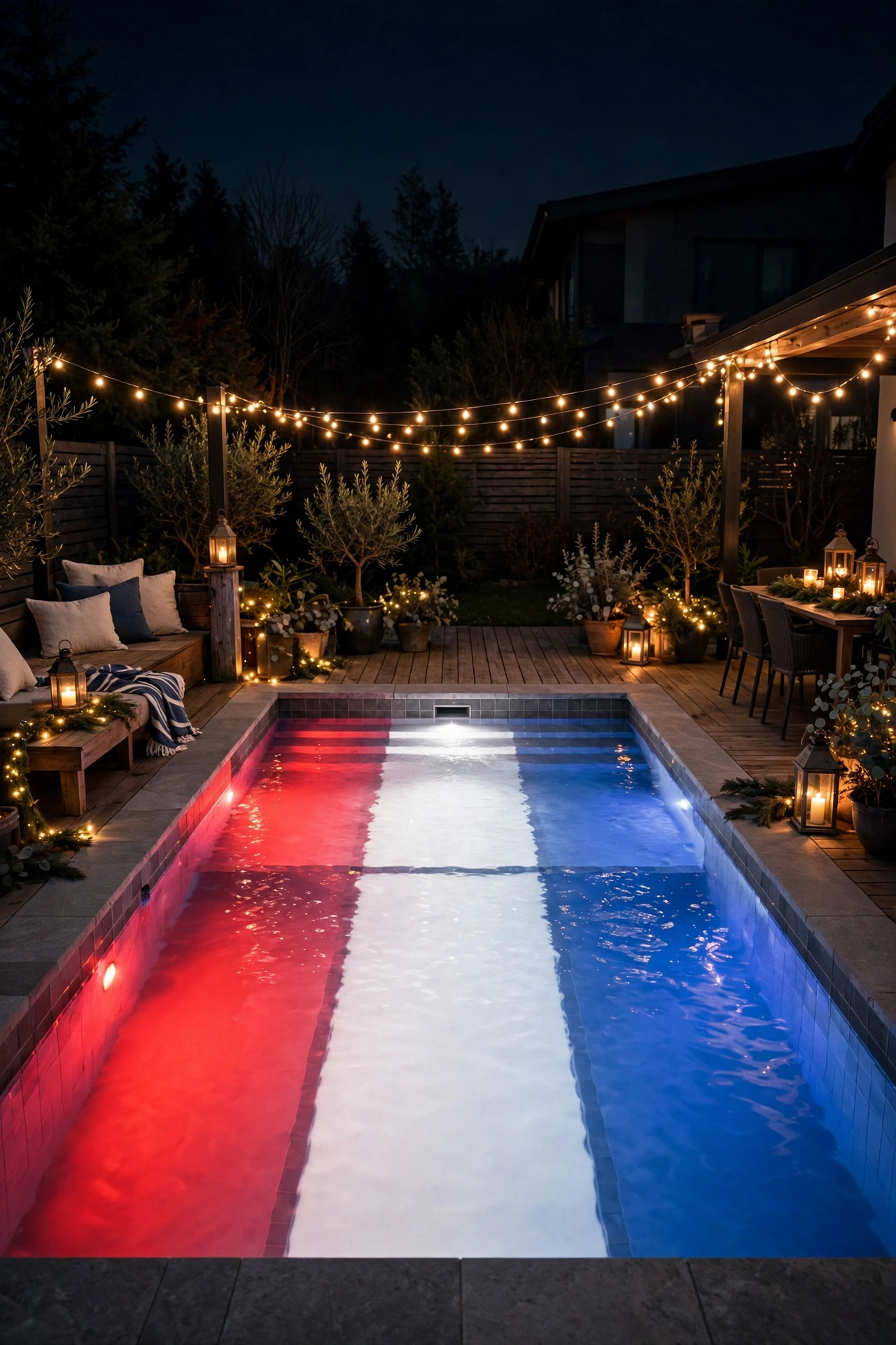 Pool glowing red white and blue with programmed holiday color scenes at night