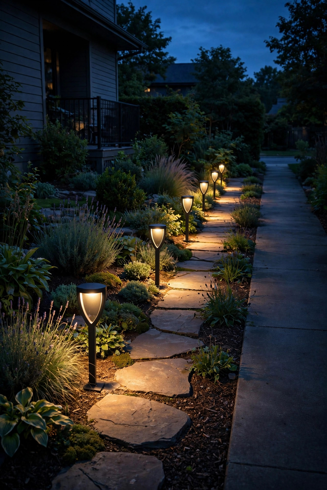 Path lights spaced and shielded so warm pools of light stay on the home garden path and off the sidewalk