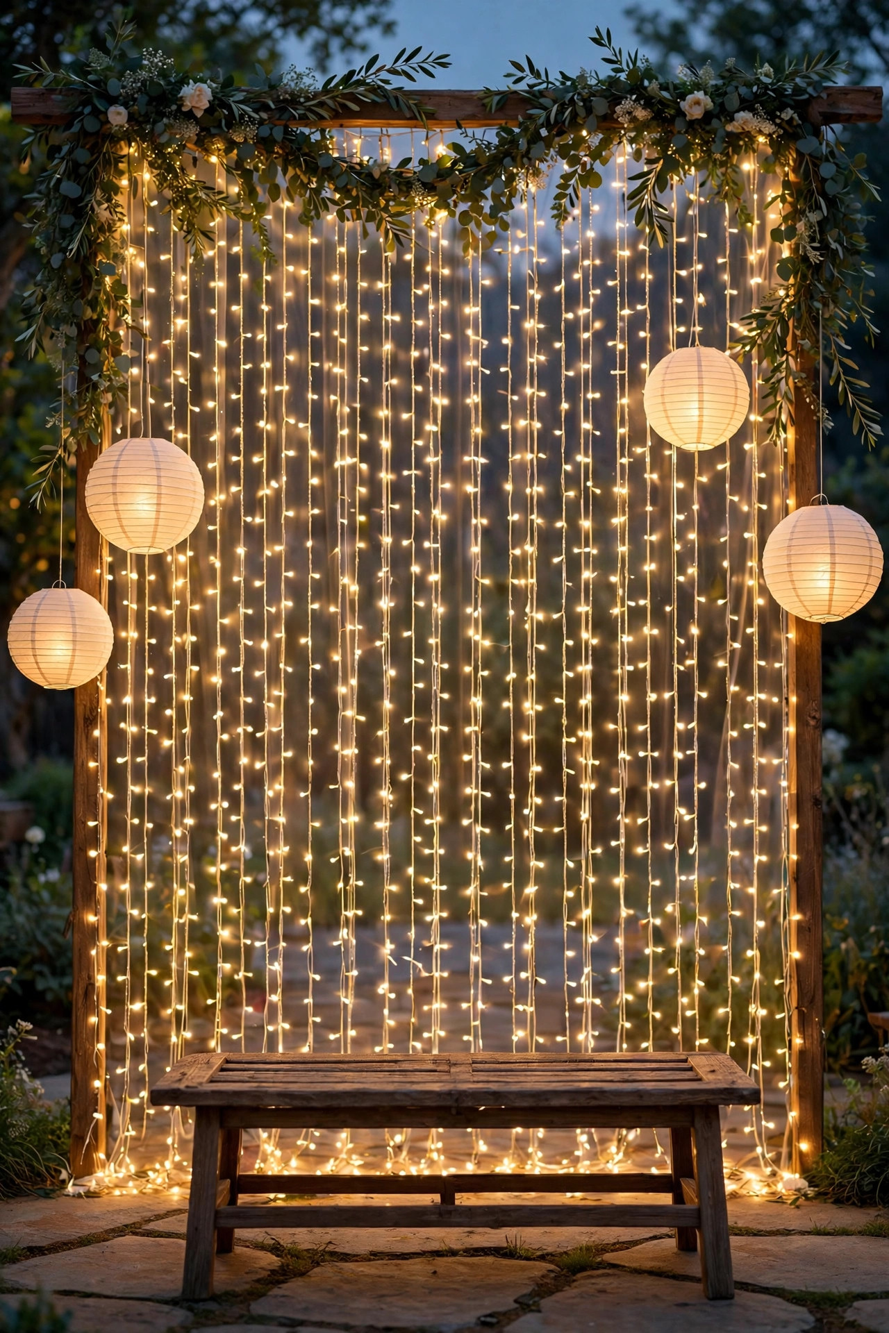 Wedding photo backdrop with fairy light curtain, paper lanterns, and a bench in front at dusk