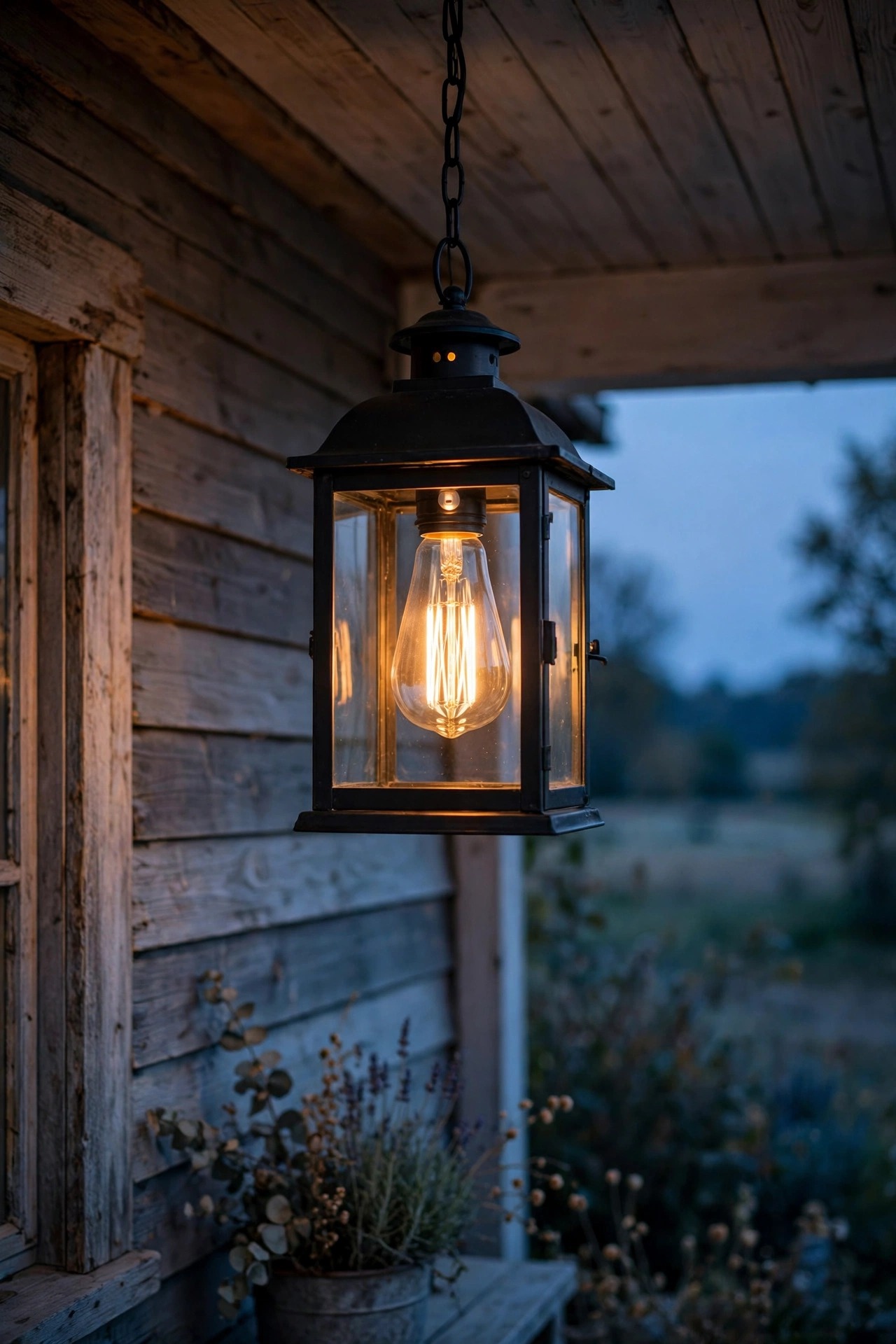 Warm filament dusk-to-dawn bulb glowing in a farmhouse porch lantern at twilight