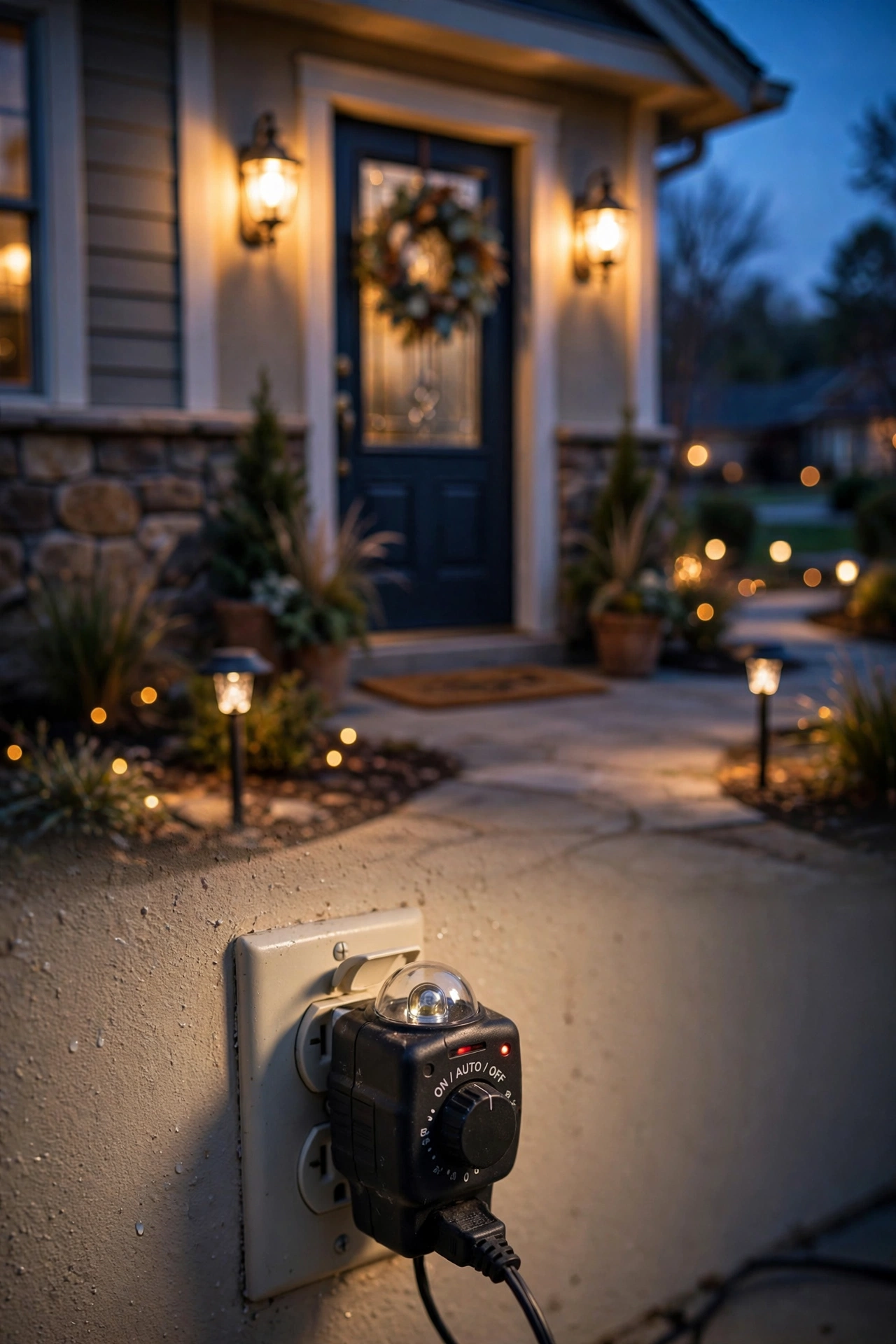 Outdoor photocell timer controlling glowing entryway lights at dusk