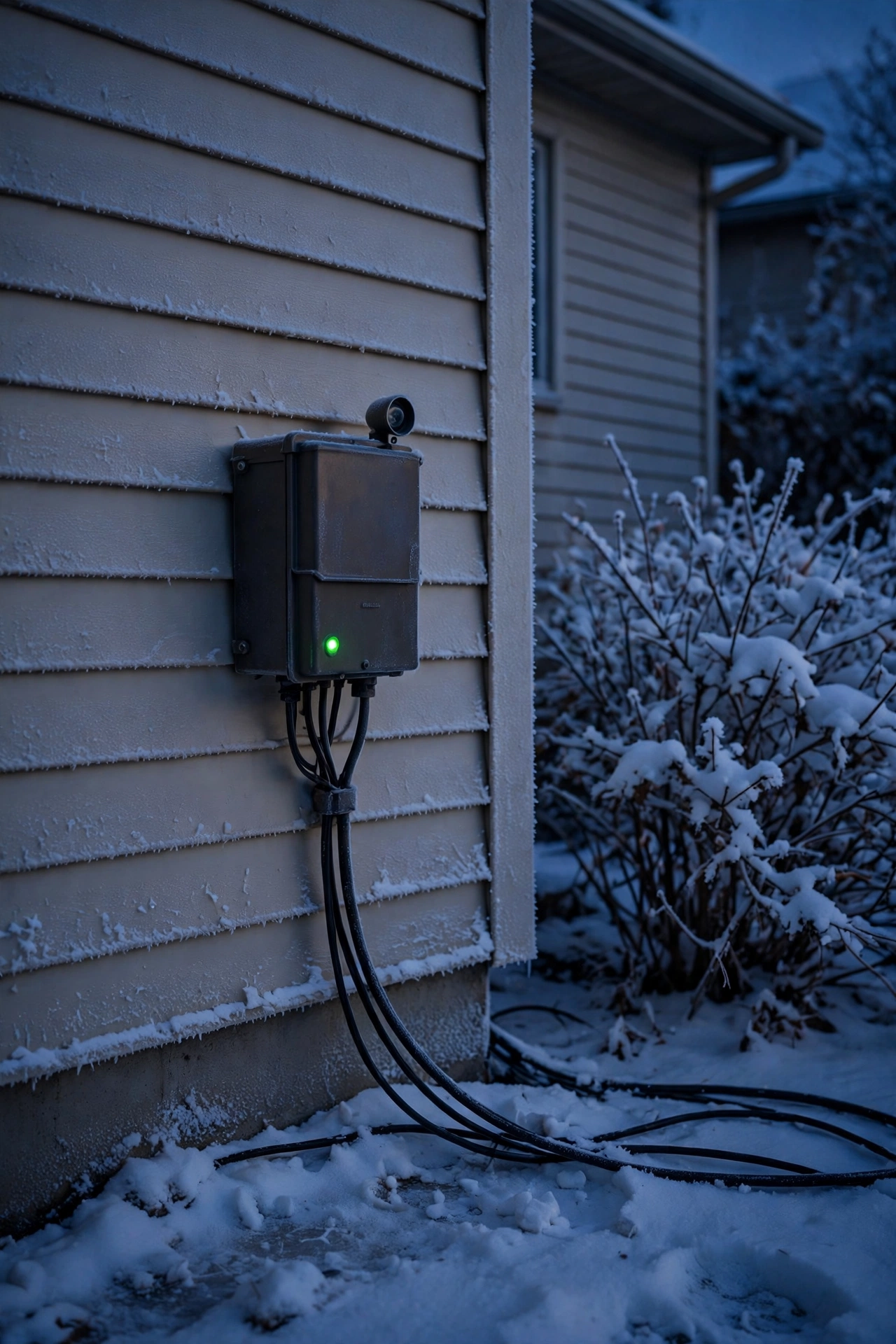 Outdoor lighting transformer with photocell and timer controls glowing at dusk in winter