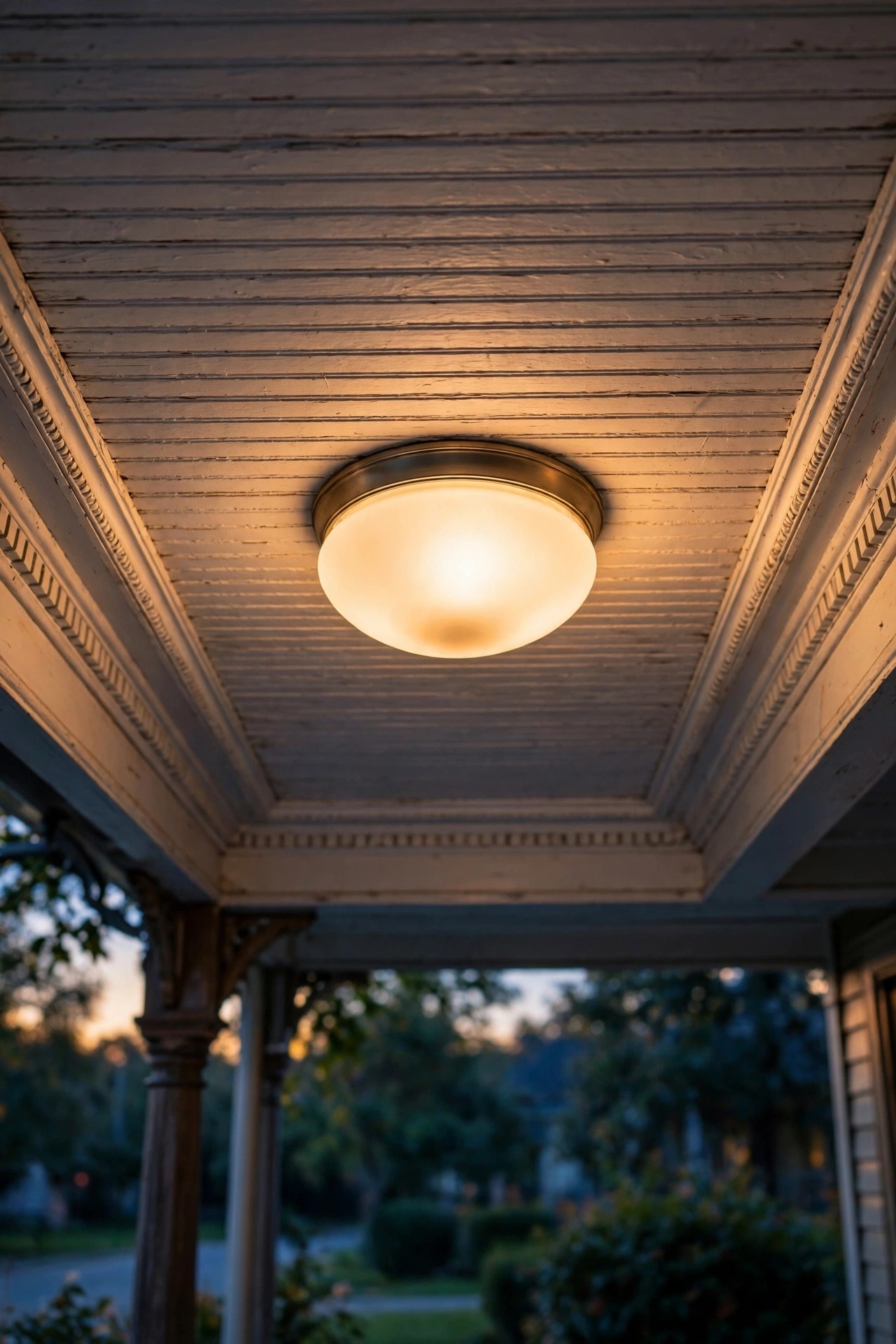 Frosted opal glass flush-mount ceiling light glowing on a beaded-board Victorian porch ceiling