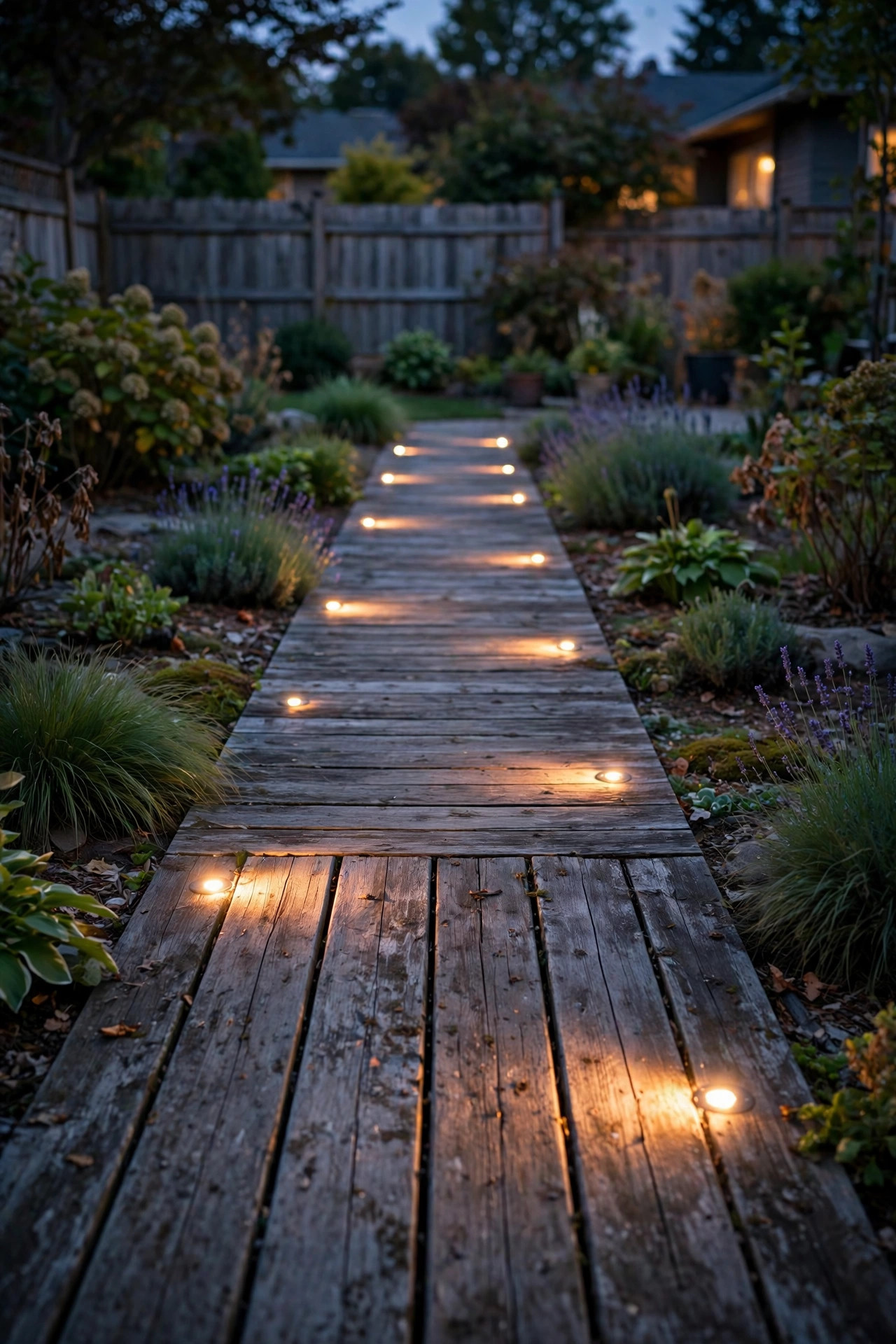 Recessed LED lights glowing in a wooden boardwalk path at dusk
