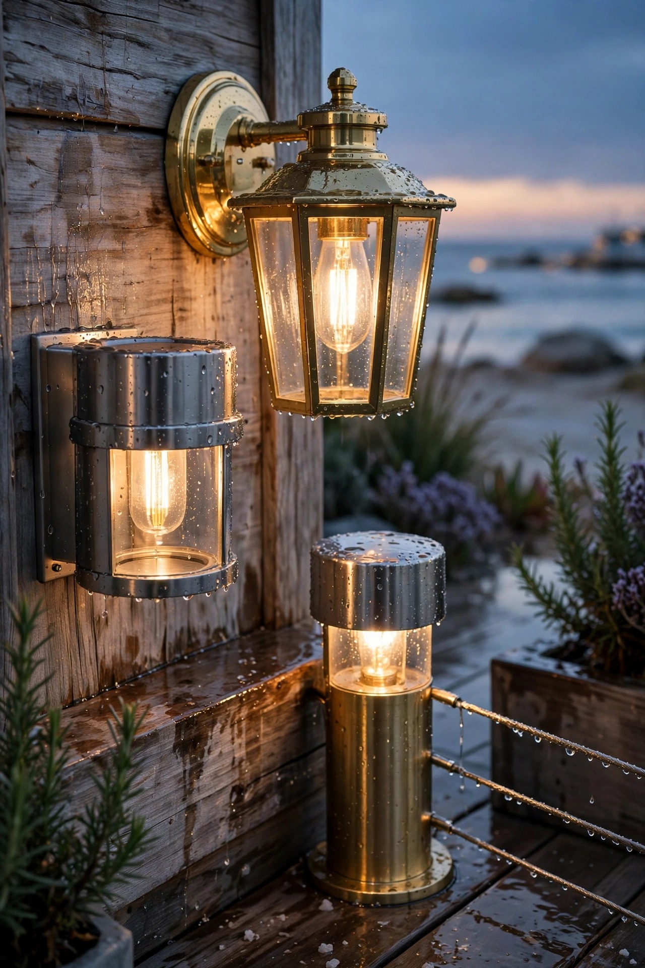 Marine-grade stainless and brass patio fixtures shining after a rinse in coastal air
