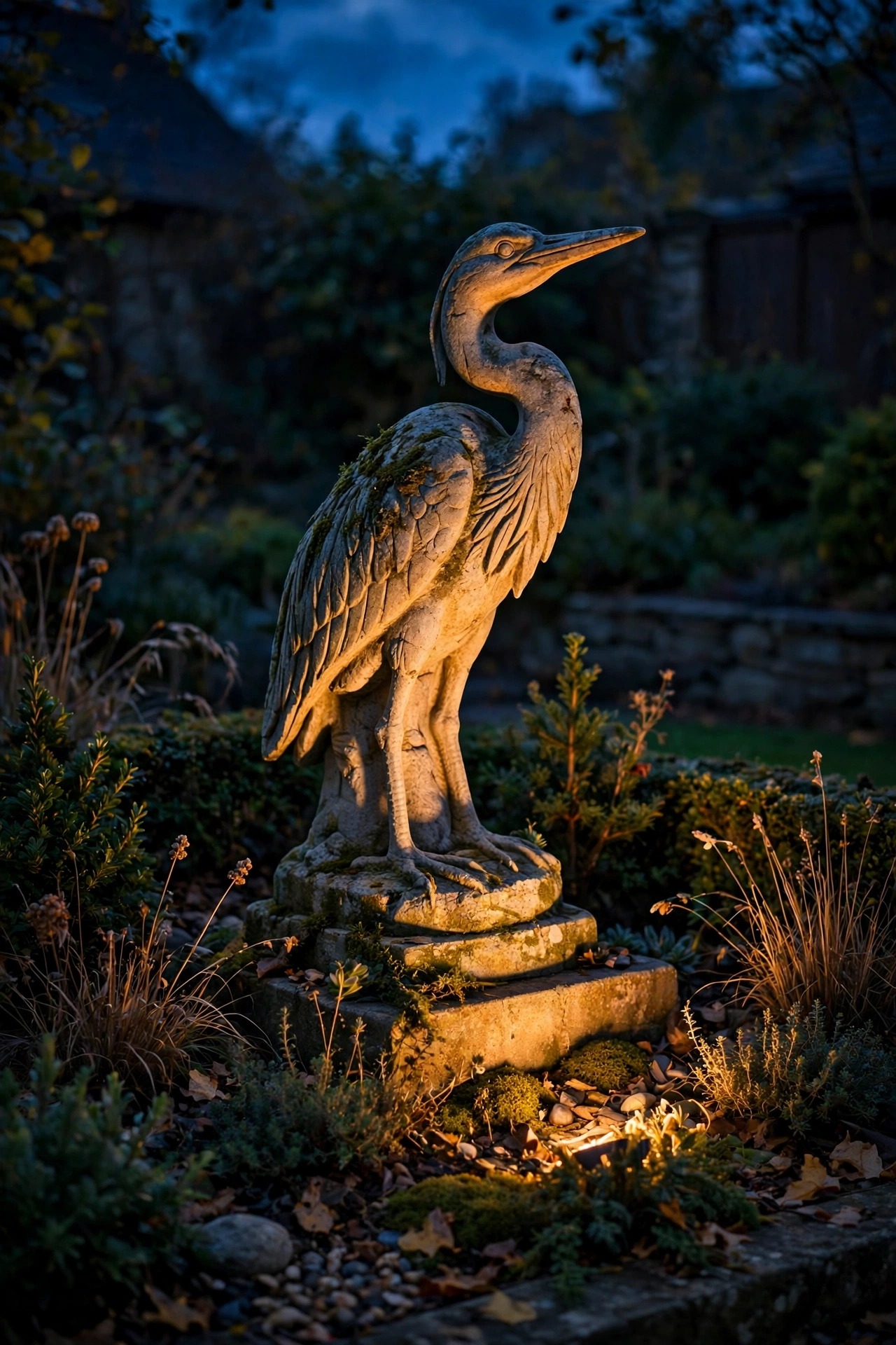 A stone garden sculpture in a front garden bed lit by a single concealed spotlight at night, modeled in warm light and shadow