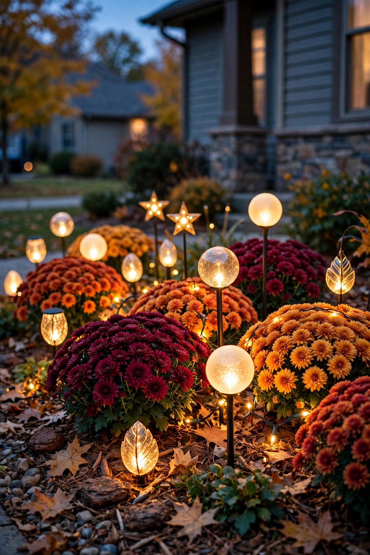 Mediterranean garden in autumn with accent lights on a pomegranate tree and lanterns by harvested olives