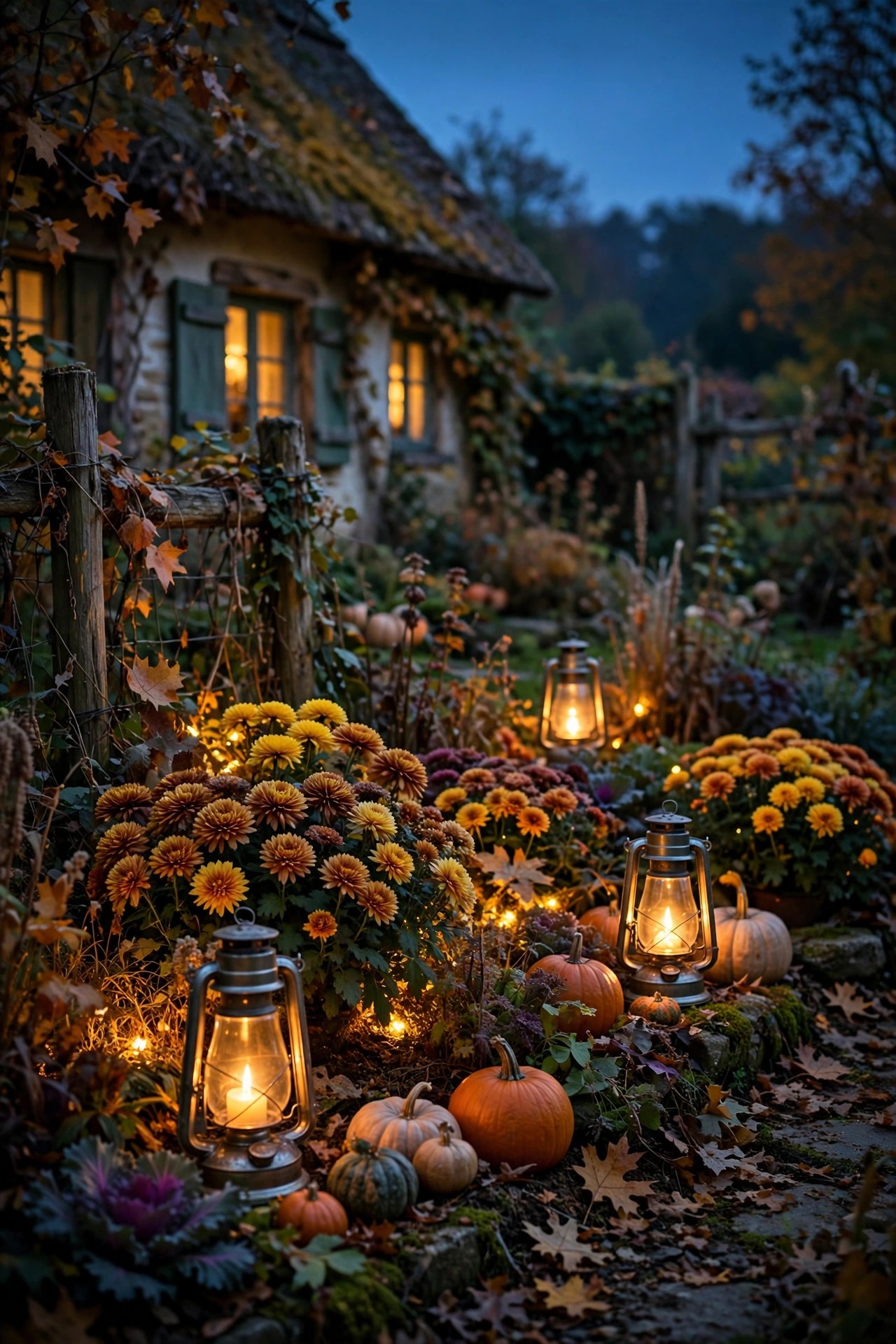 Cottage garden in autumn with warm hurricane lanterns among pumpkins and mums and low golden light in the beds