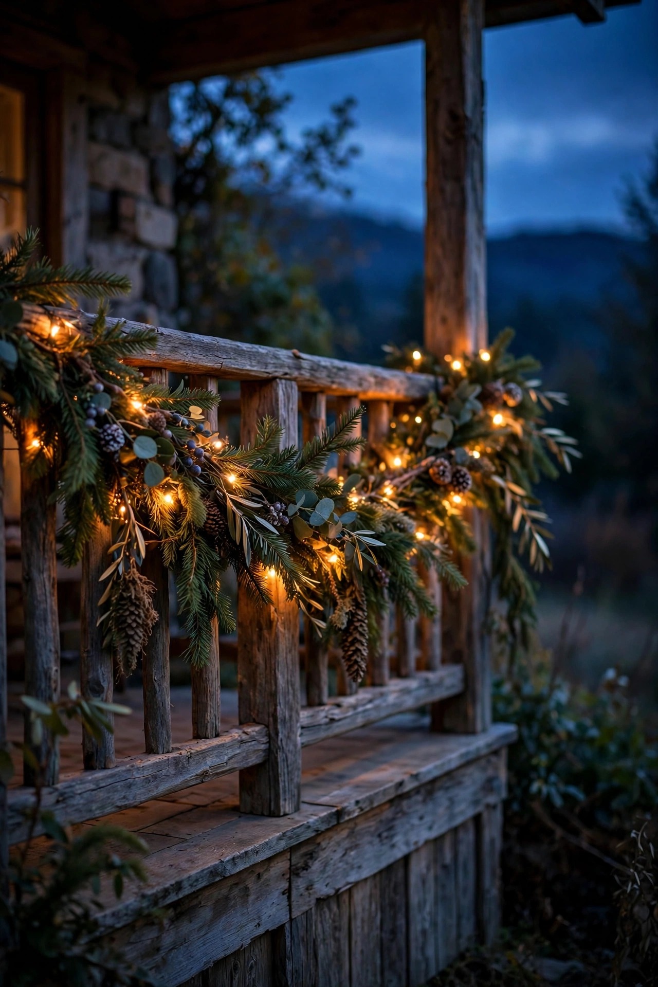Rustic porch railing wrapped with evergreen garland and warm micro fairy lights at dusk