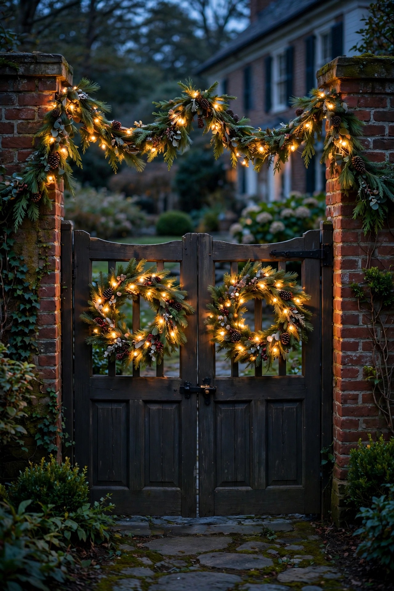 Colonial garden gate decorated with two matching lit wreaths and even garland swags glowing warm at dusk