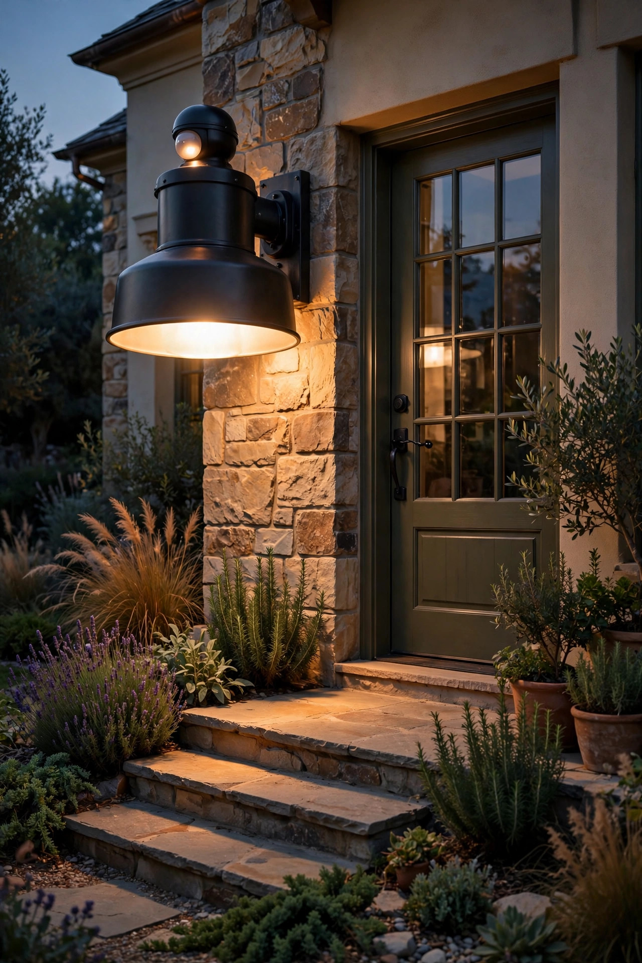 Oversized motion sensor sconce glowing beside a side garden door of a large home, warm light on stone steps and plantings
