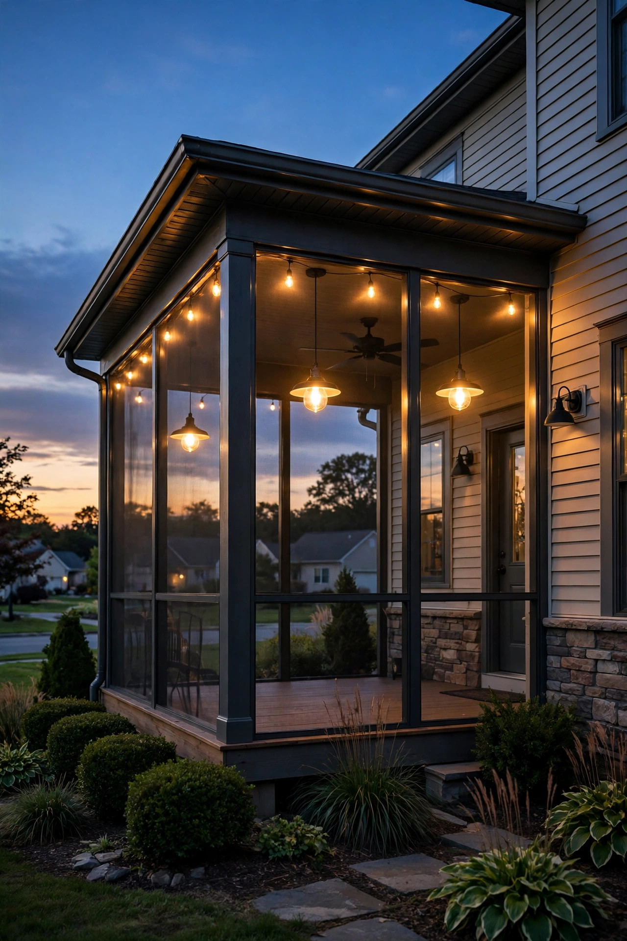 Screened porch fixtures glowing automatically at sunset with smart bulbs on a timer schedule