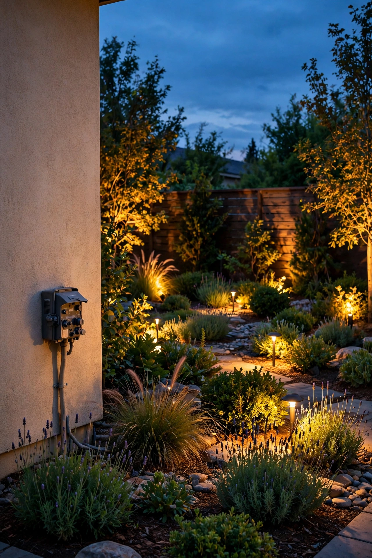 Smartphone app controlling zoned garden landscape lighting timers