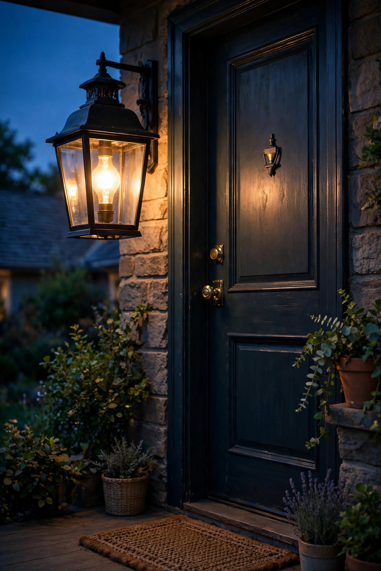 Warm smart bulb glowing in a porch lantern at dusk beside a cozy front door