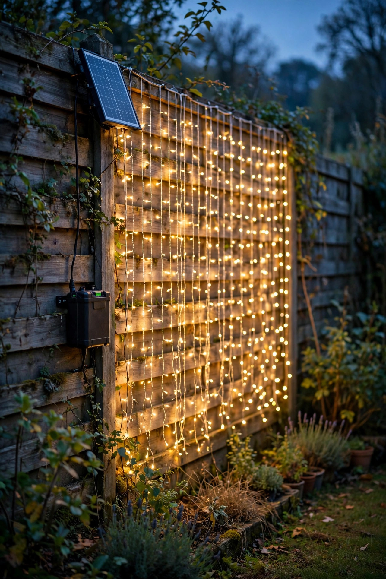 Solar and battery powered fairy light backdrop glowing on a garden fence far from the house at dusk