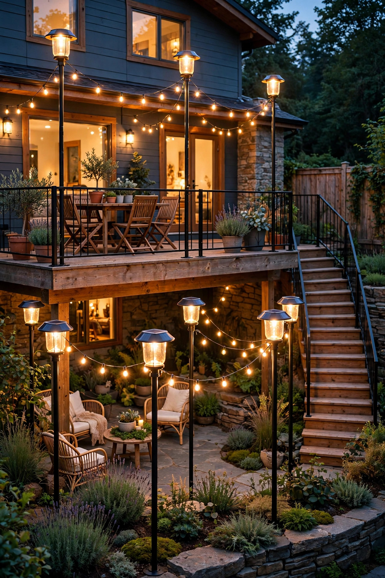 String light poles topped with glowing solar lantern caps lighting a backyard on two levels at dusk
