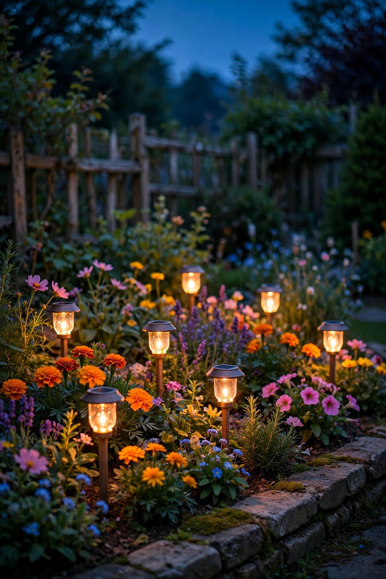 Small solar lantern stakes with warm light tucked among flowers in a traditional garden bed at dusk