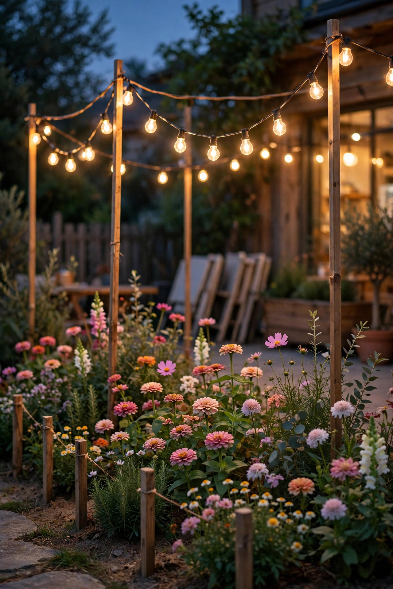 Cafe string lights swagged on short stakes over a cutting garden flower bed at dusk