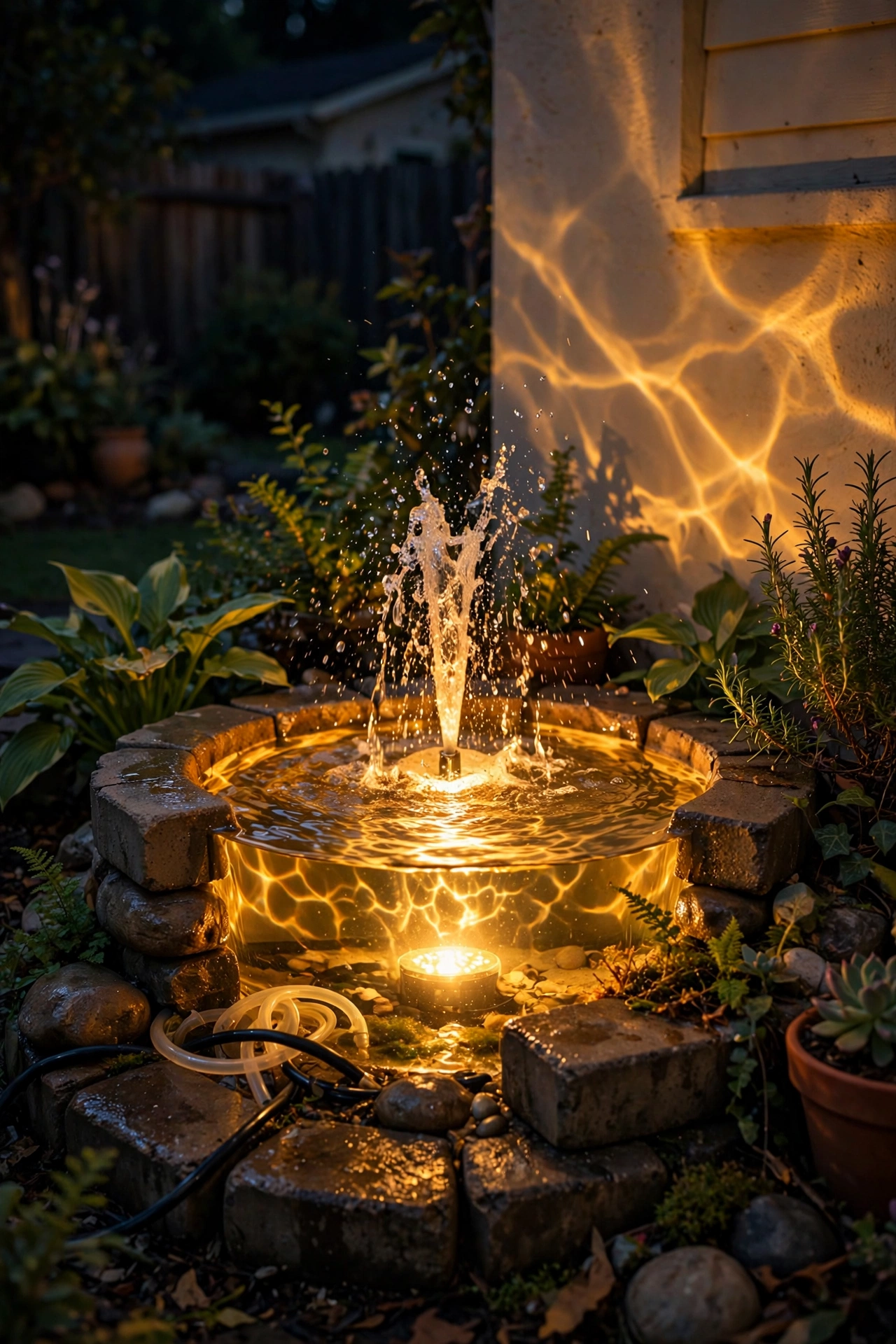 Submersible LED light glowing under fountain water throwing dancing light patterns