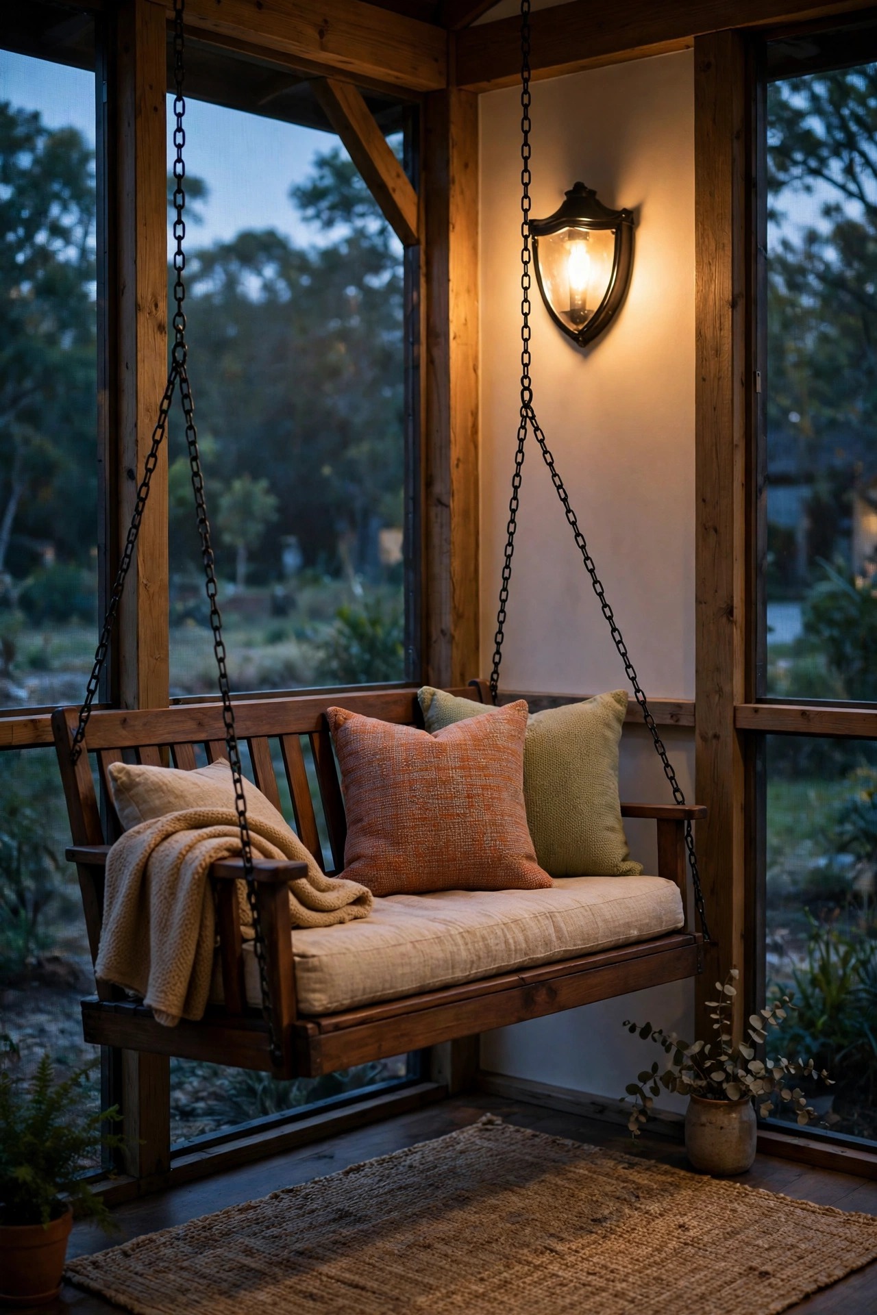 Shielded wall sconce washing a soft warm glow behind a porch swing inside a screened porch