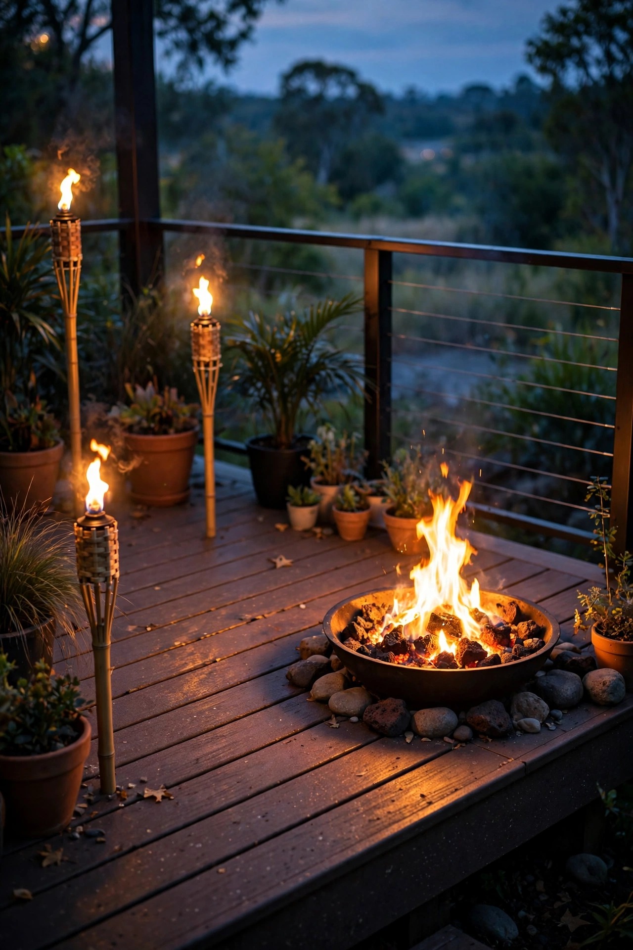 Flickering tiki torches and a tabletop fire bowl glowing at the edge of a composite deck