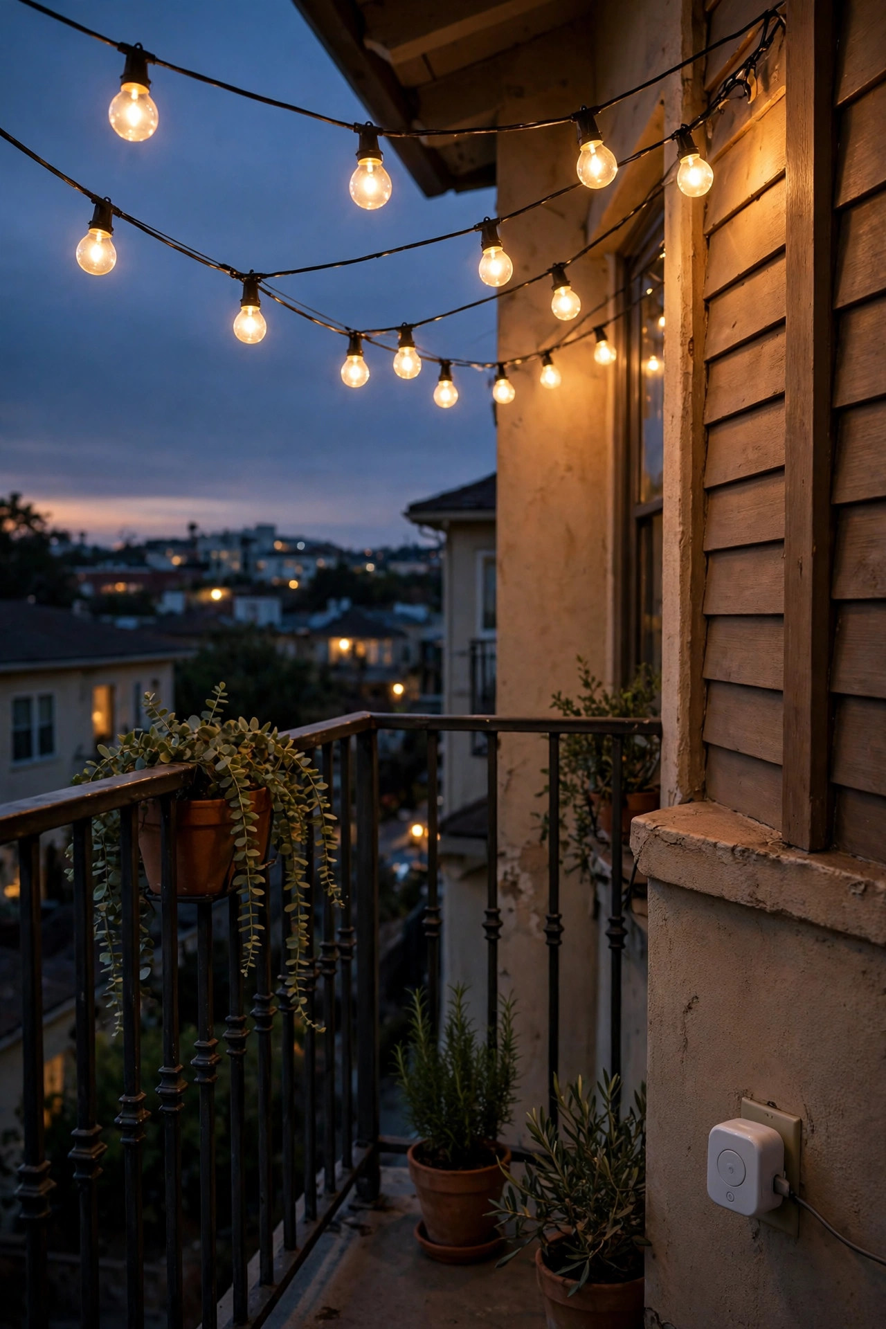 Plug-in cafe string lights glowing over a balcony at dusk controlled by a smart plug timer