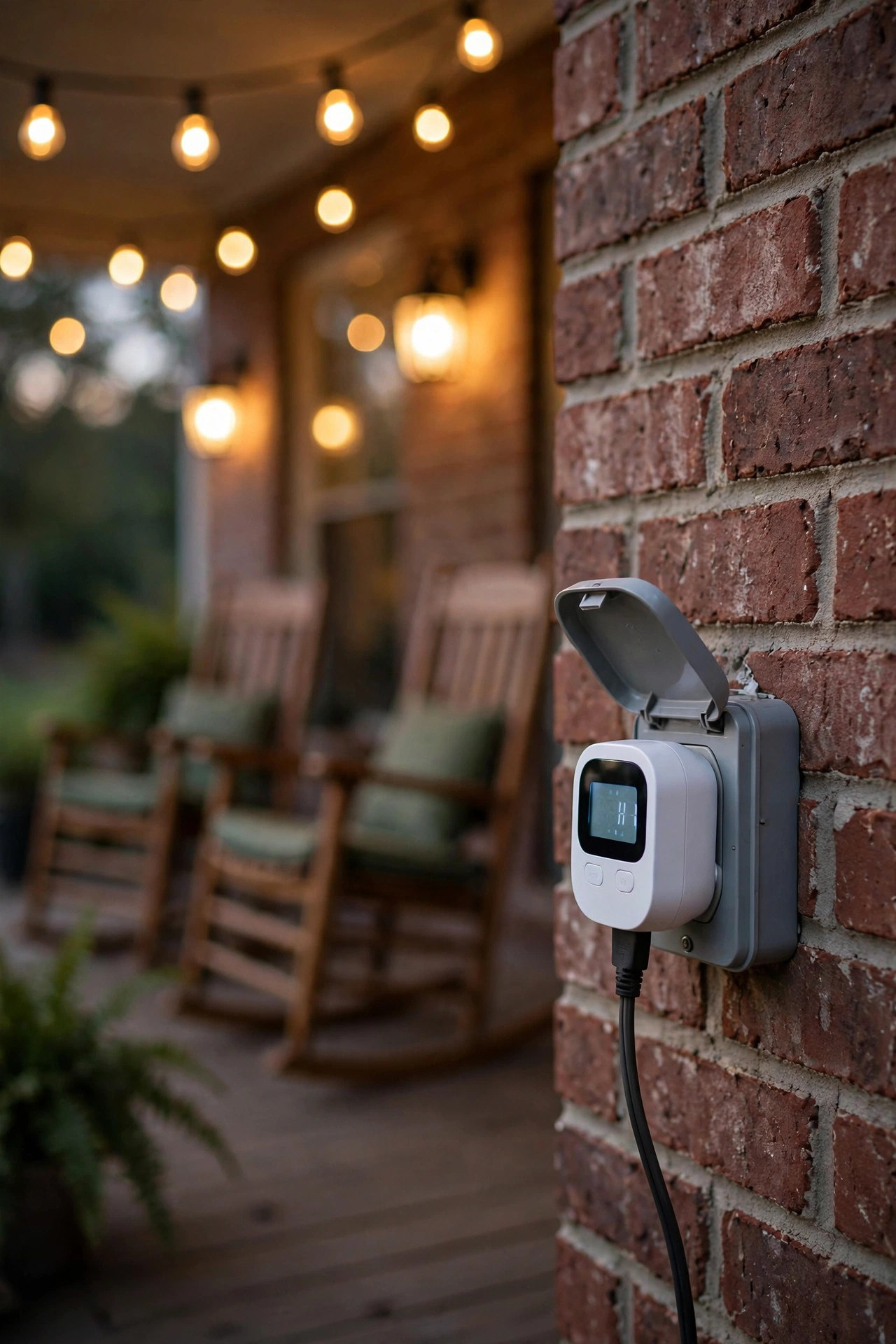 Outdoor timer and smart plug controlling front porch string lights at dusk