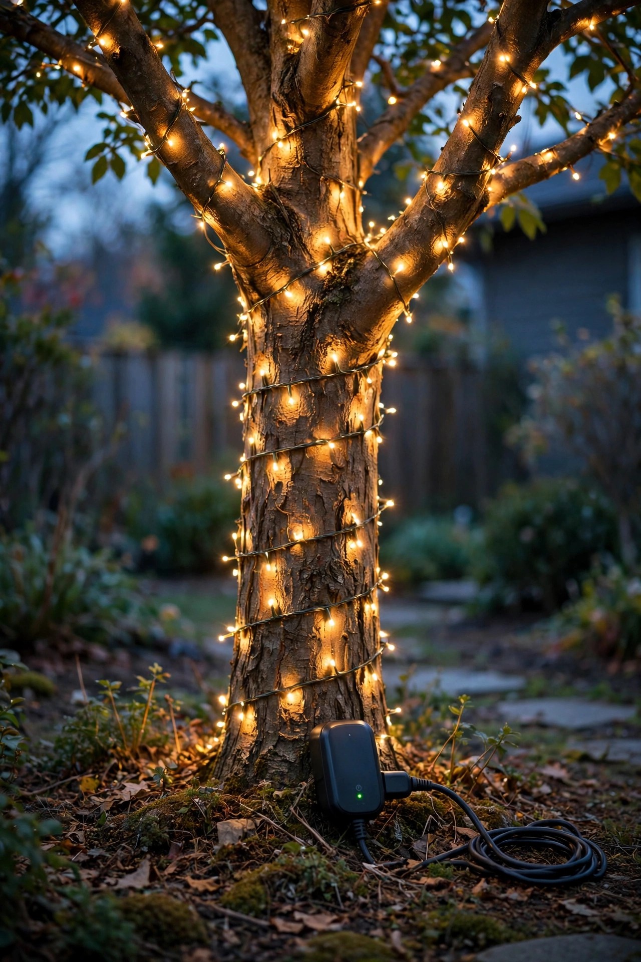 Wrapped tree glowing at dusk on an automatic timer with a smart outdoor plug at the trunk base