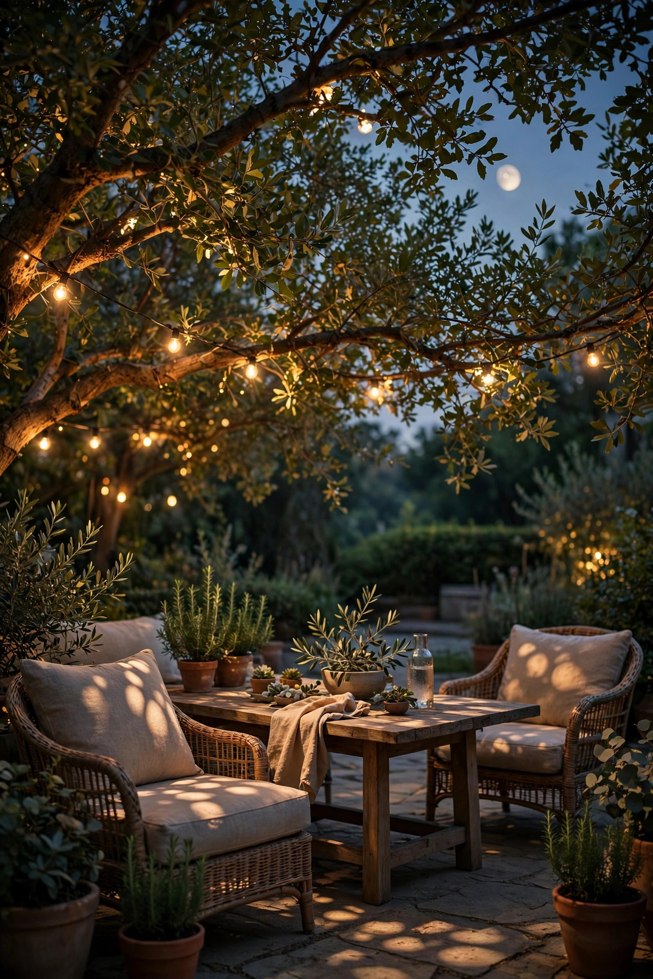 Soft moonlighting effect on a patio at dusk, dappled light filtering down through tree branches onto the seating below